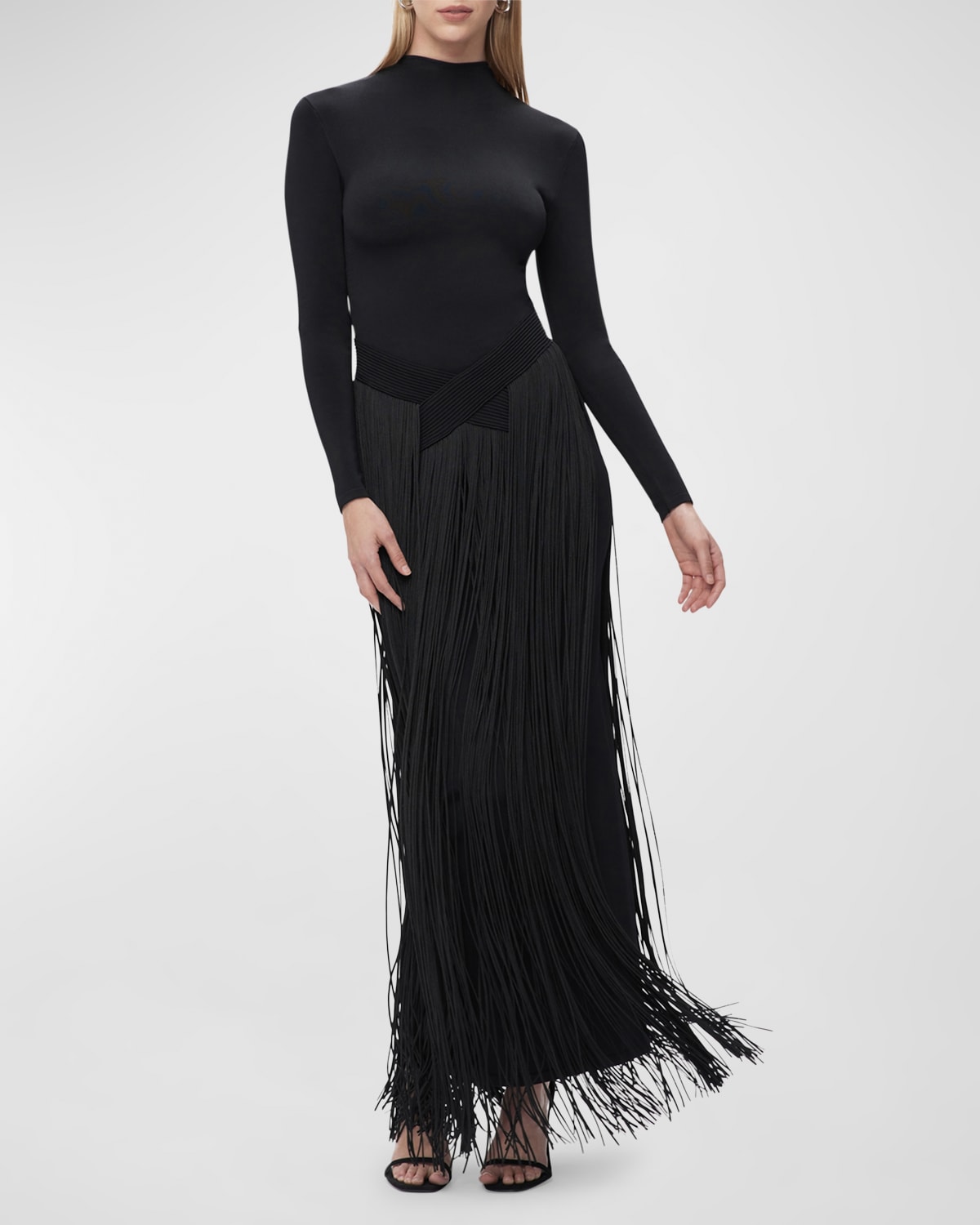 Hervé Léger Sloane Long-Sleeve Fringe Gown