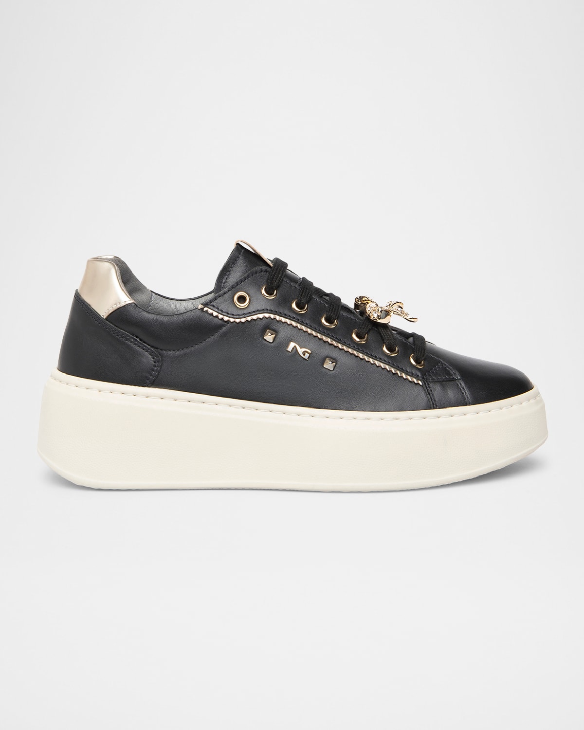 Gems Mixed Leather Bow Skater Sneakers