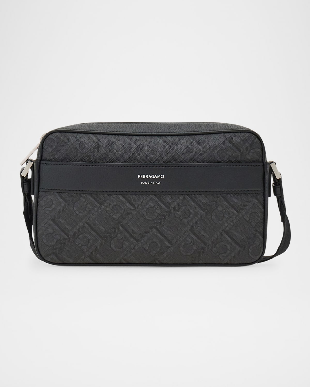 Shop Ferragamo Men's Monogram Canvas And Leather Crossbody Bag In Nero-grig.