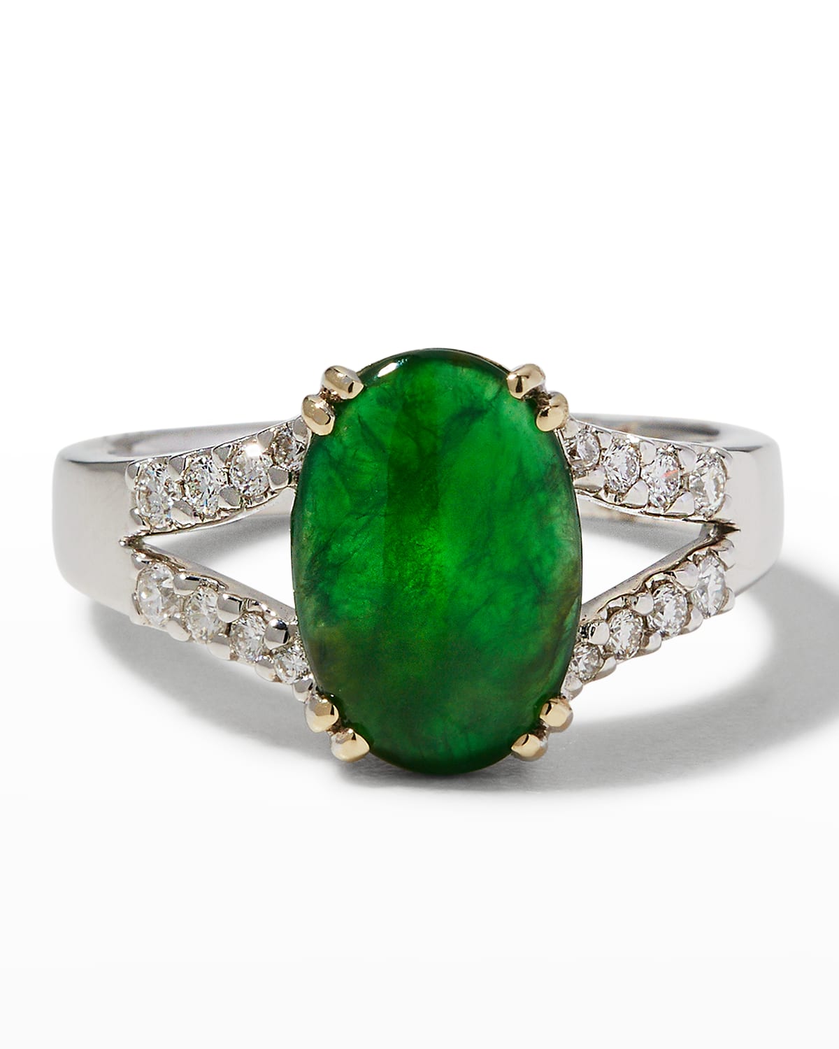 David C.A. Lin Intense Green Jade Oval Ring in White Gold and Diamond