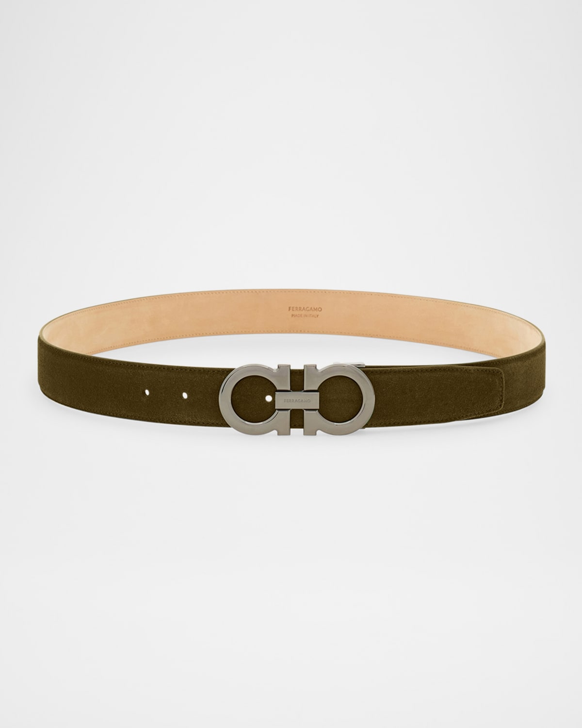 Ferragamo Men's Suede Gancini-buckle Belt In New Olive