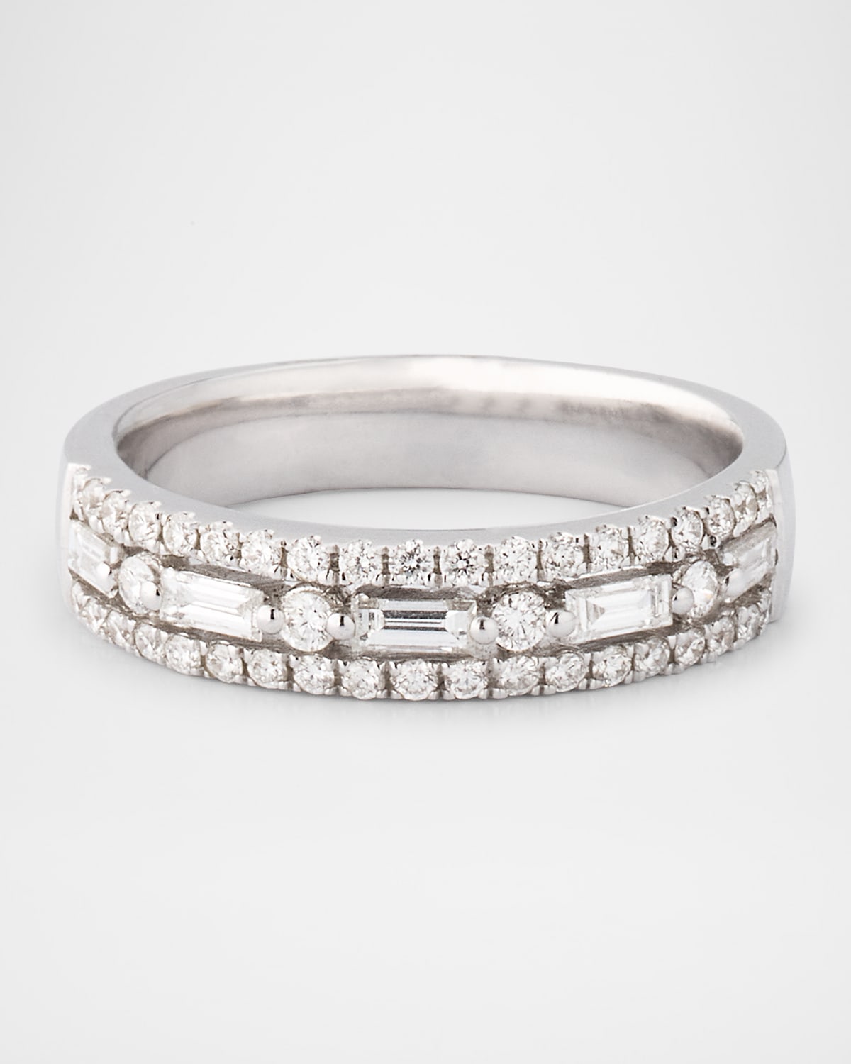 Diamond Game 18K White Gold Baguette & Round Triple Row Band Ring, Size 6