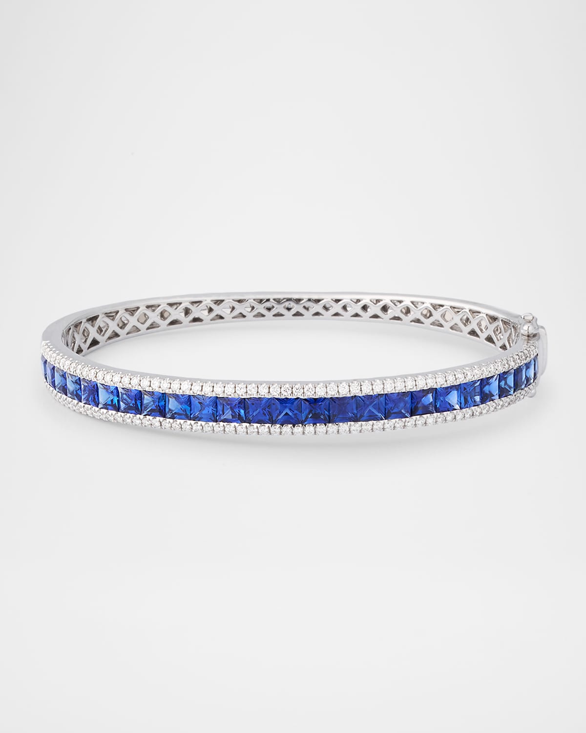 Rainbow 18K White Gold Princess Channel Blue Sapphire and Diamond Triple Row Bangle Bracelet
