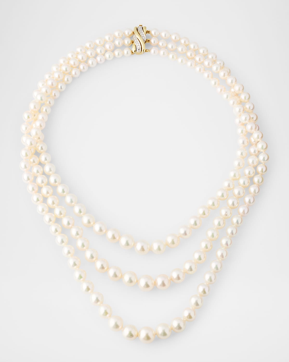 14K Yellow Gold 3-Row Graduated Akoya Pearl Necklace, 19.5"L