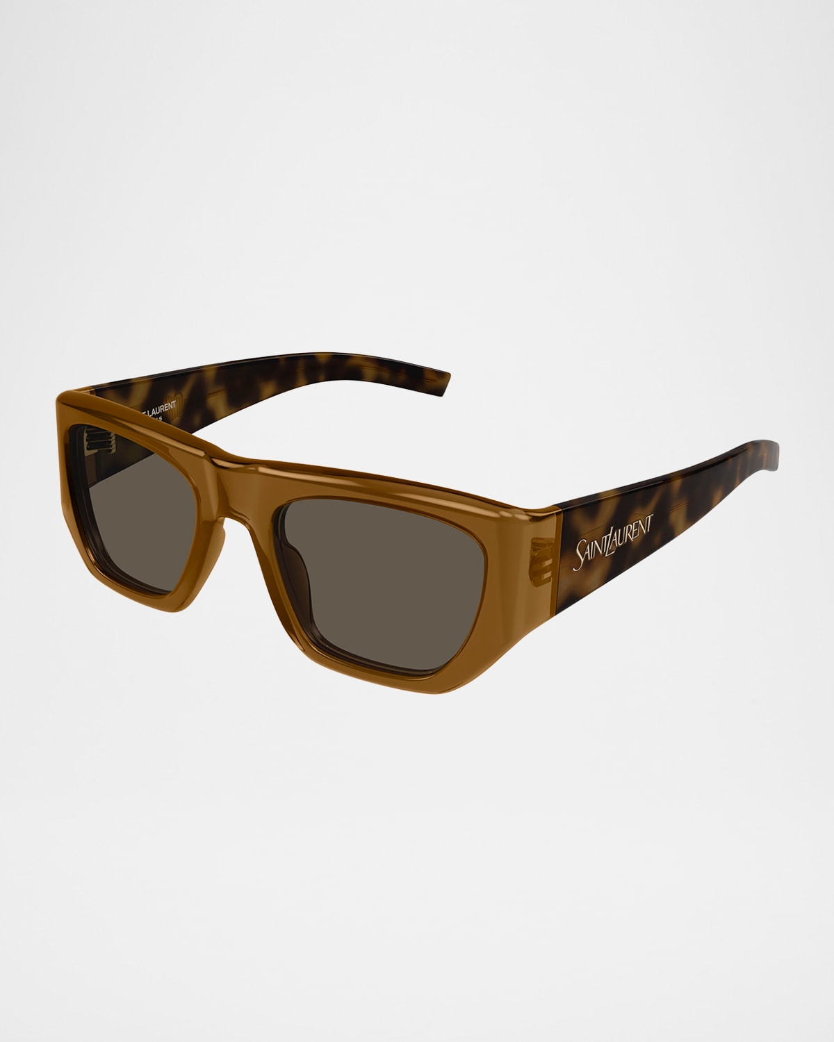 Saint Laurent Rectangle Acetate Sunglasses In Shiny Transparent Cognac Brown