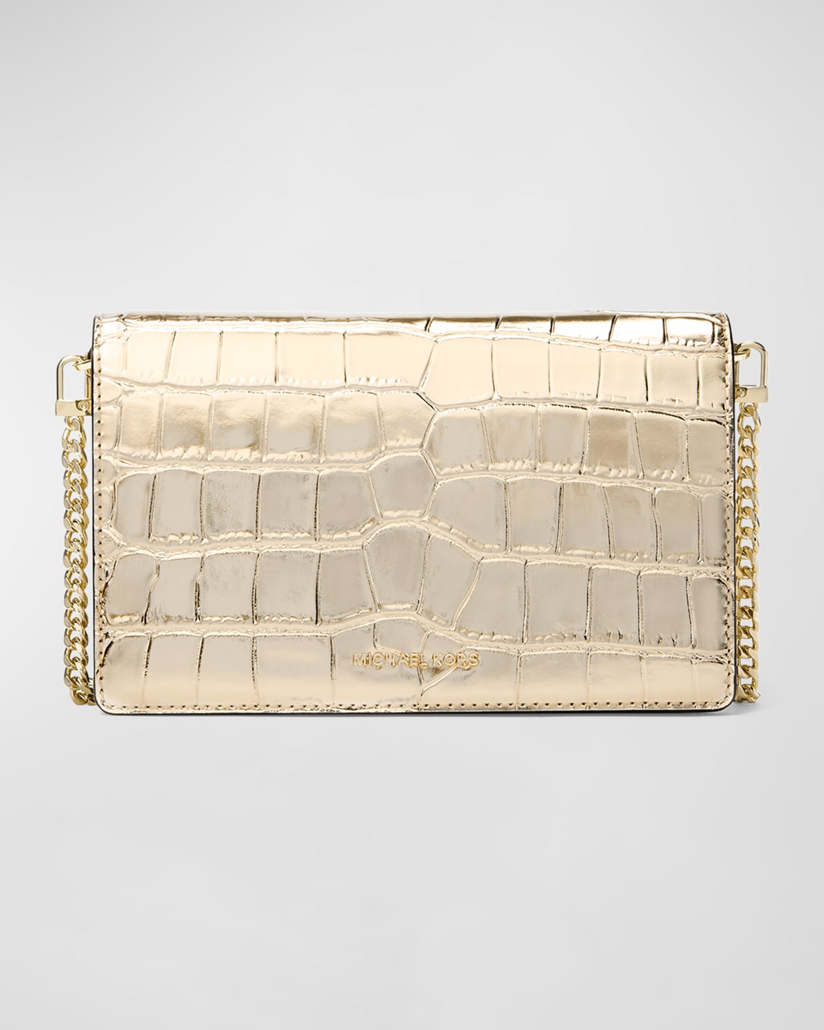 Michael Michael Kors Jet Set Metallic Croc-embossed Crossbody Bag In Pale Gold