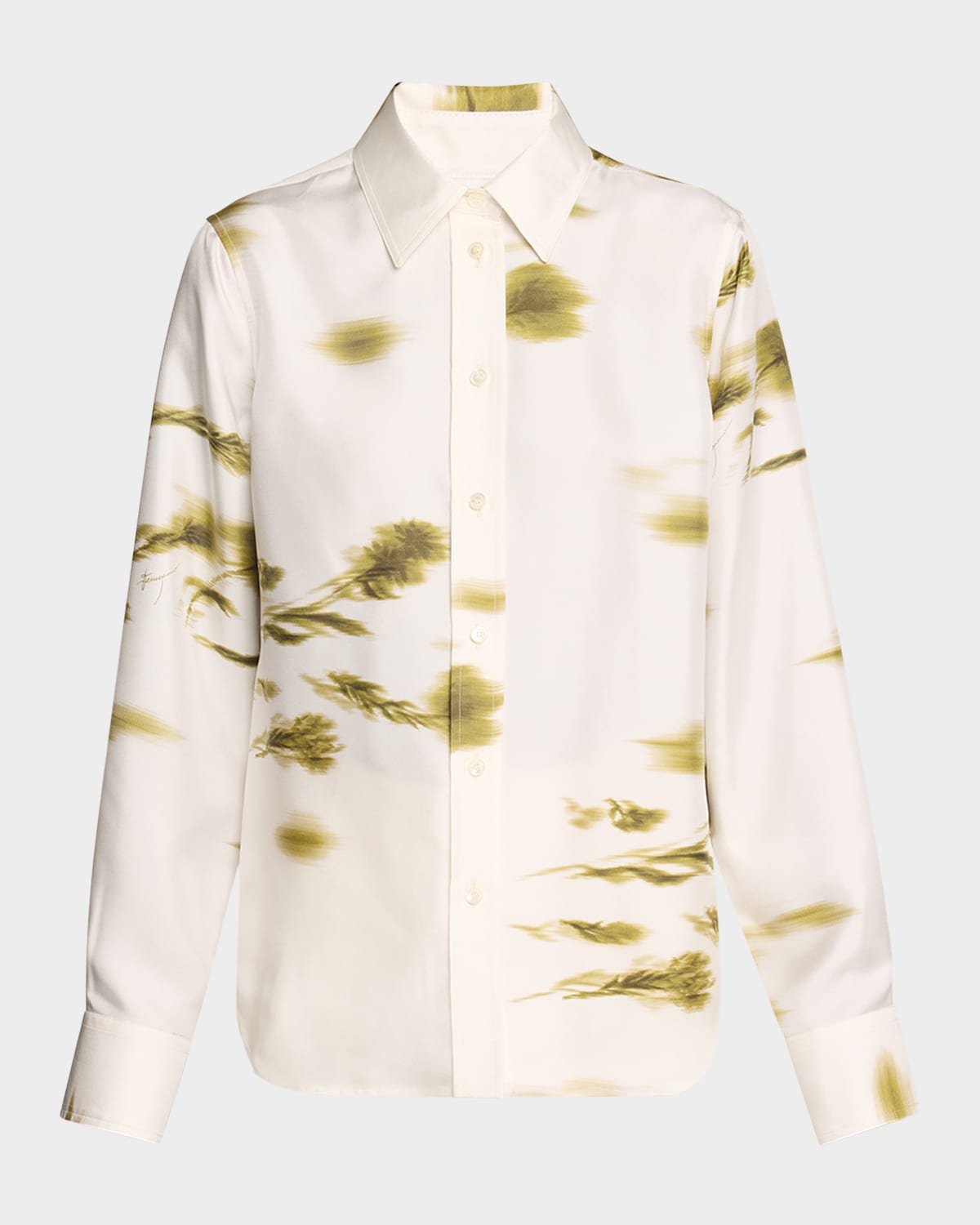 Ferragamo Blossom Flower Silk Twill Blouse In White/oliv