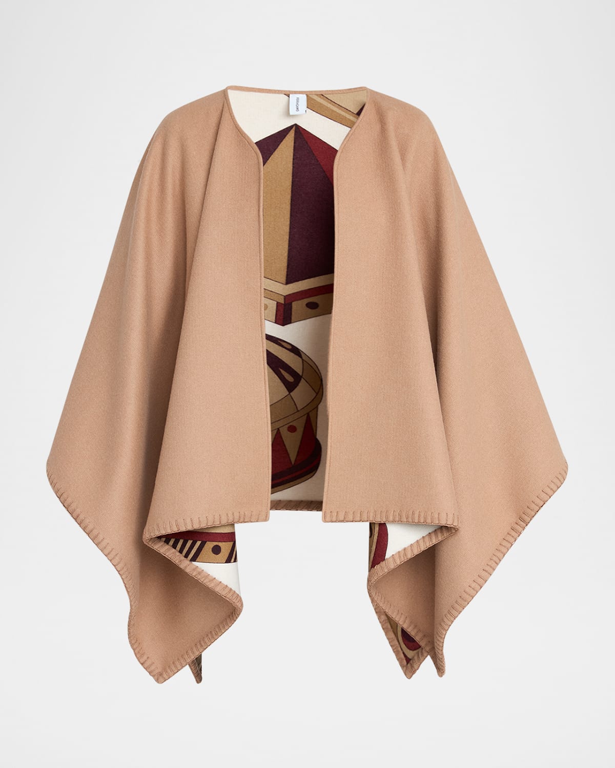 Ferragamo Geometrical Renaissance Print Reversible Cape In Bordeaux Cammel