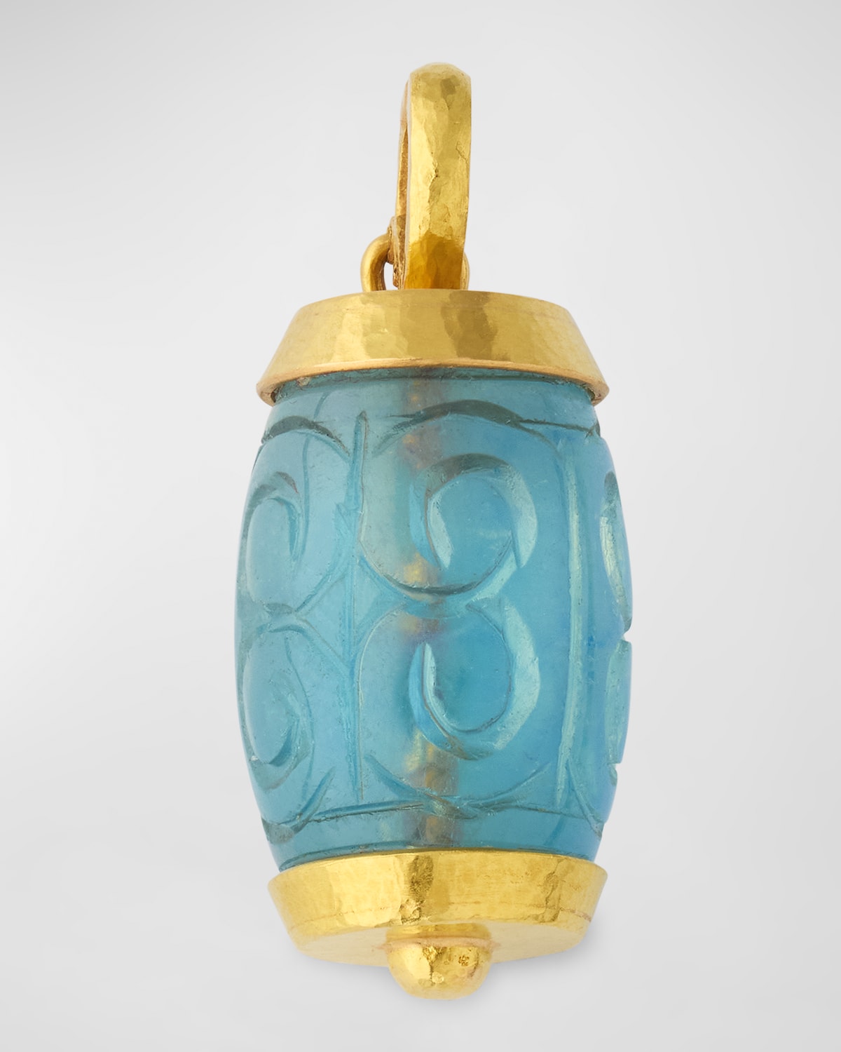 19K Yellow Gold Aquamarine Vertical Carved Cylinder Pendant with Gold Band