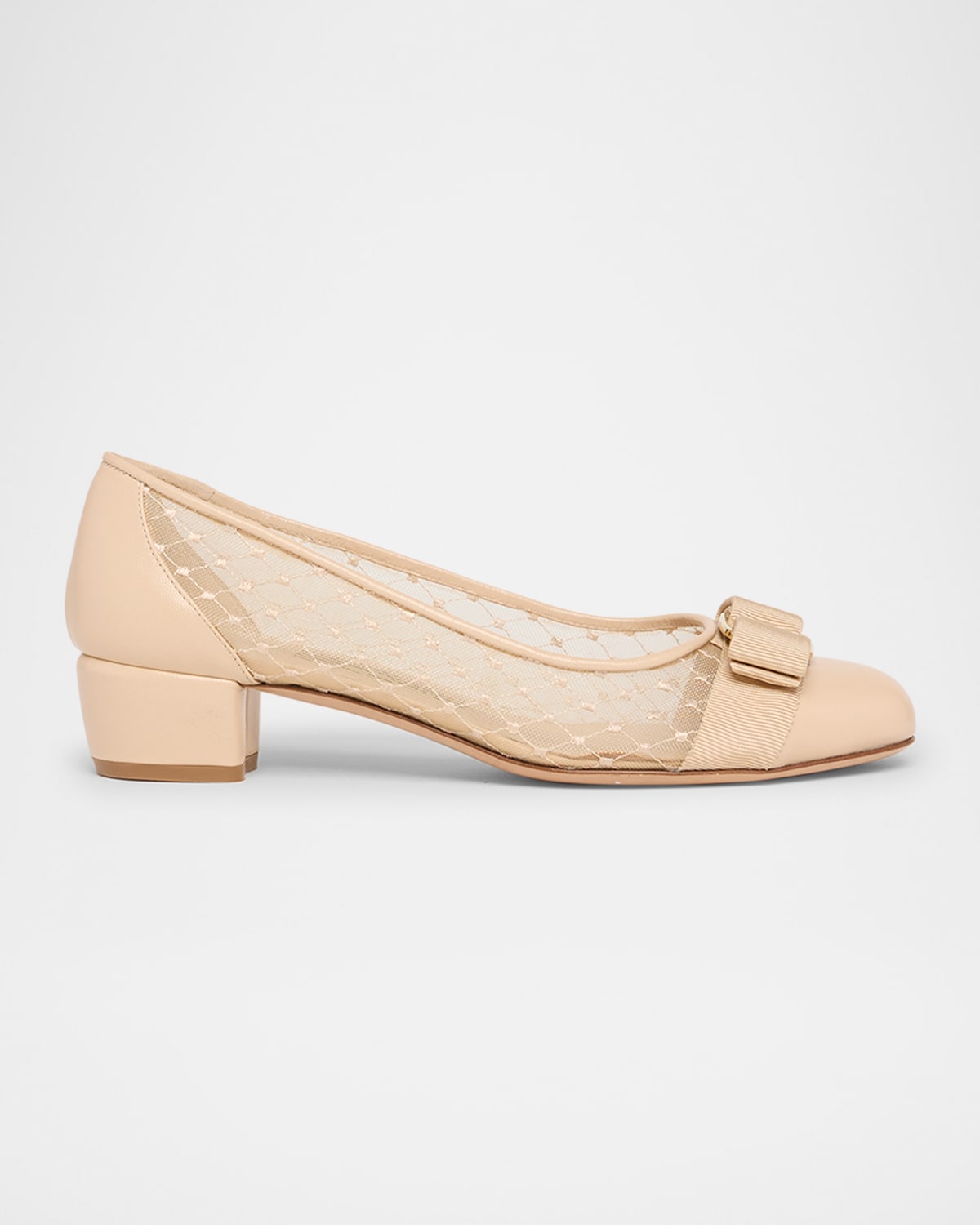 FERRAGAMO VARA BOW MESH LEATHER PUMPS 
