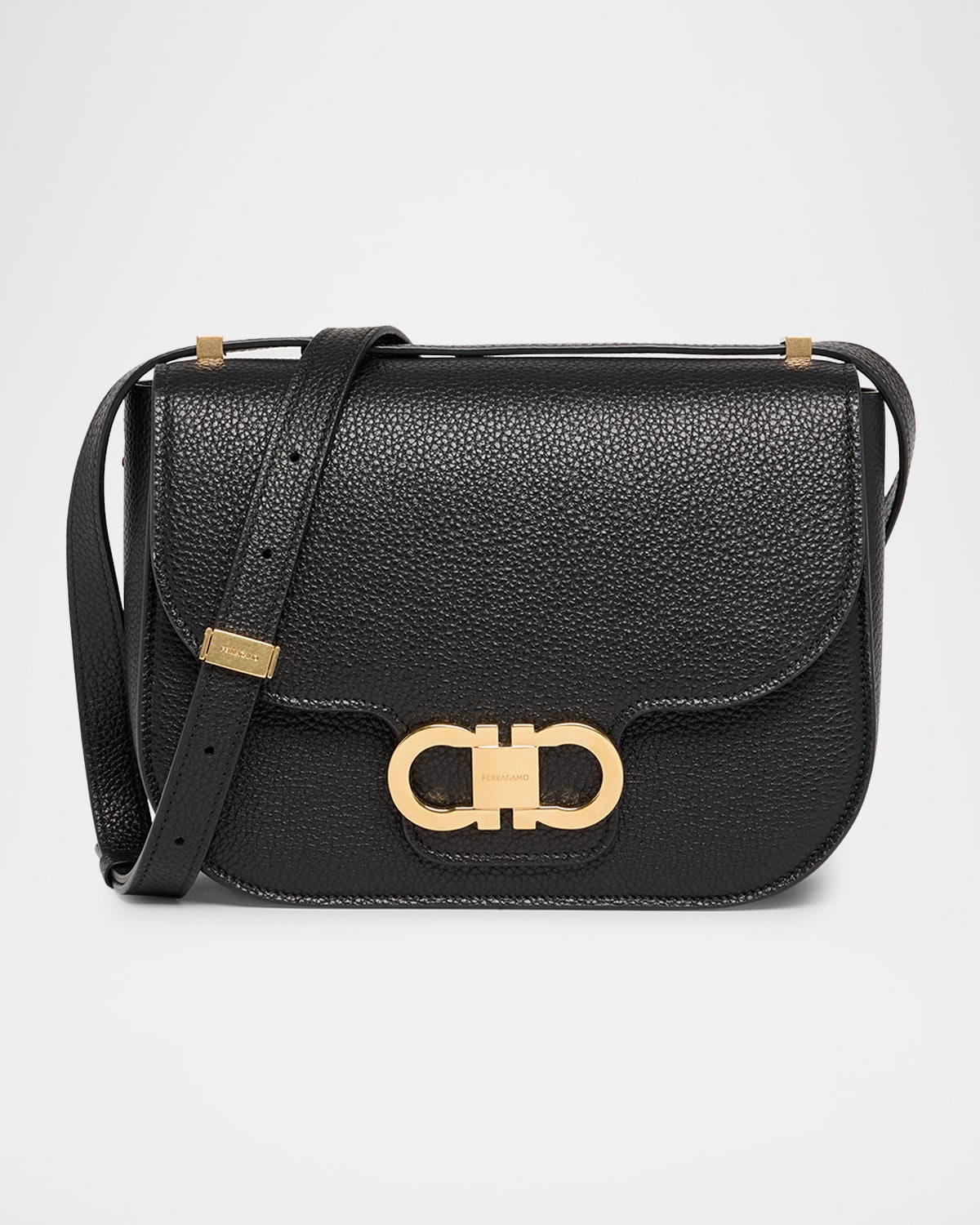 Ferragamo Women Black Crossbody Bag With Double Gancini Plaque On The Front In Grained Leather Woman In Black