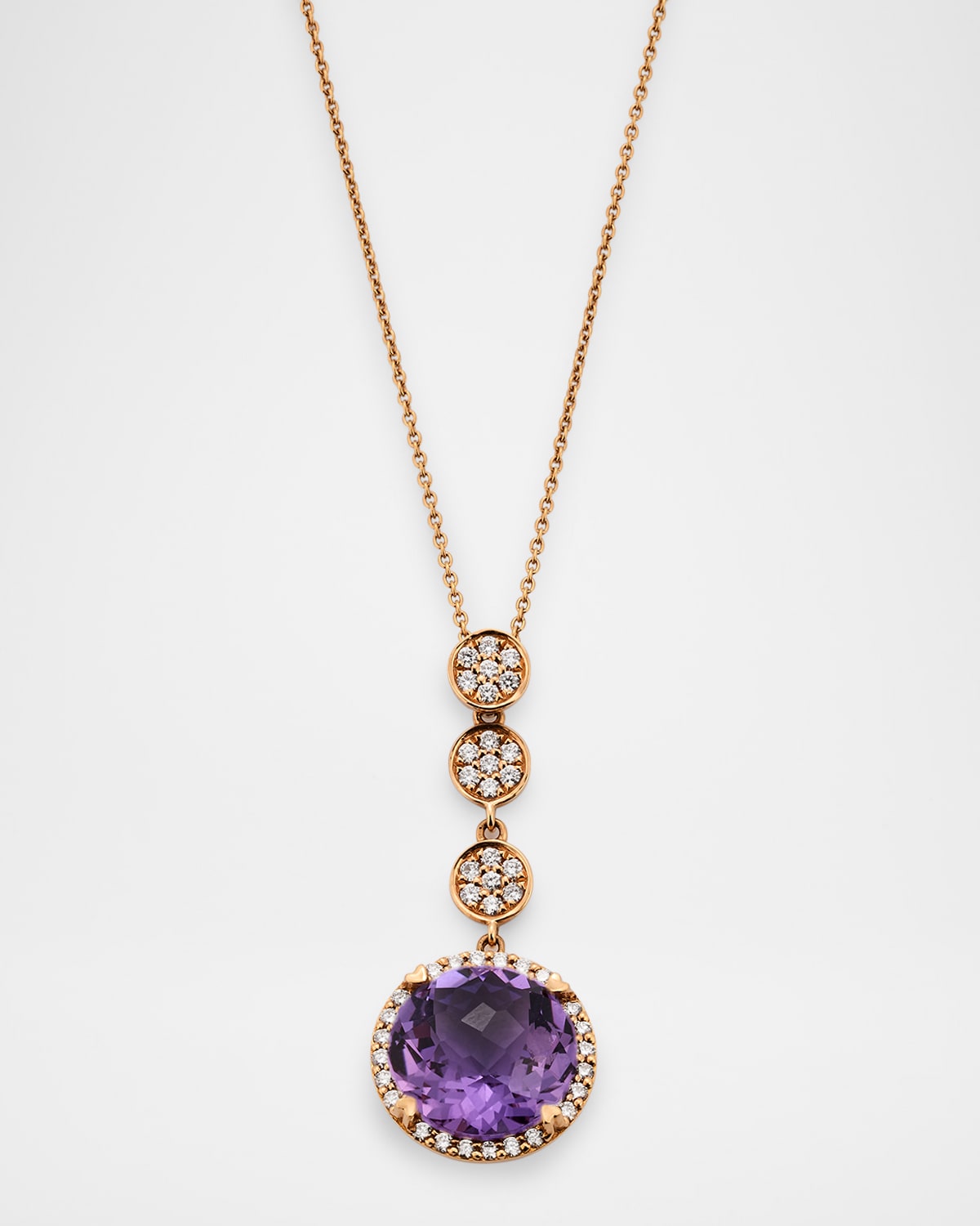 Rocks 18K Rose Gold Petite Amethyst Diamond Halo and Triple Disc Pendant Necklace