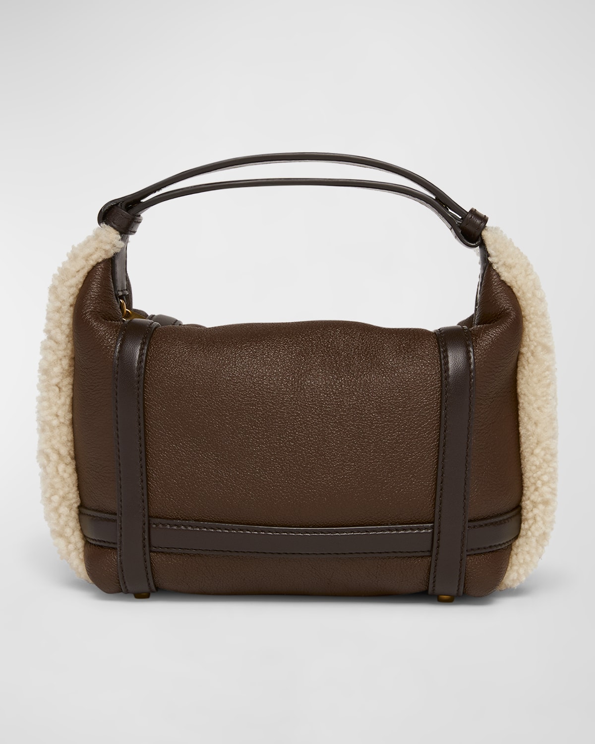 Shop Bottega Veneta Wallace Mini Lamb Fur Top-handle Bag In Light Brown Teddy