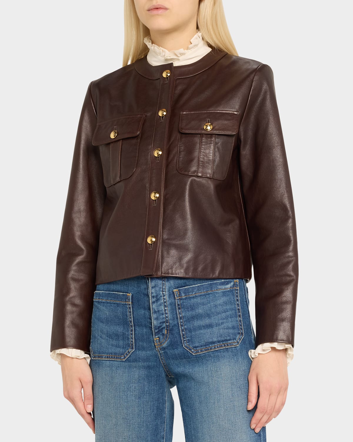 Kitra Collarless Calf Leather Jacket