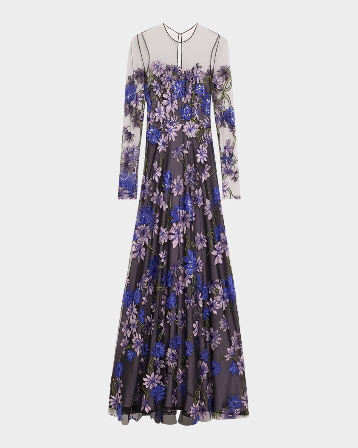 Floral-Embroidered Long-Sleeve Illusion Gown