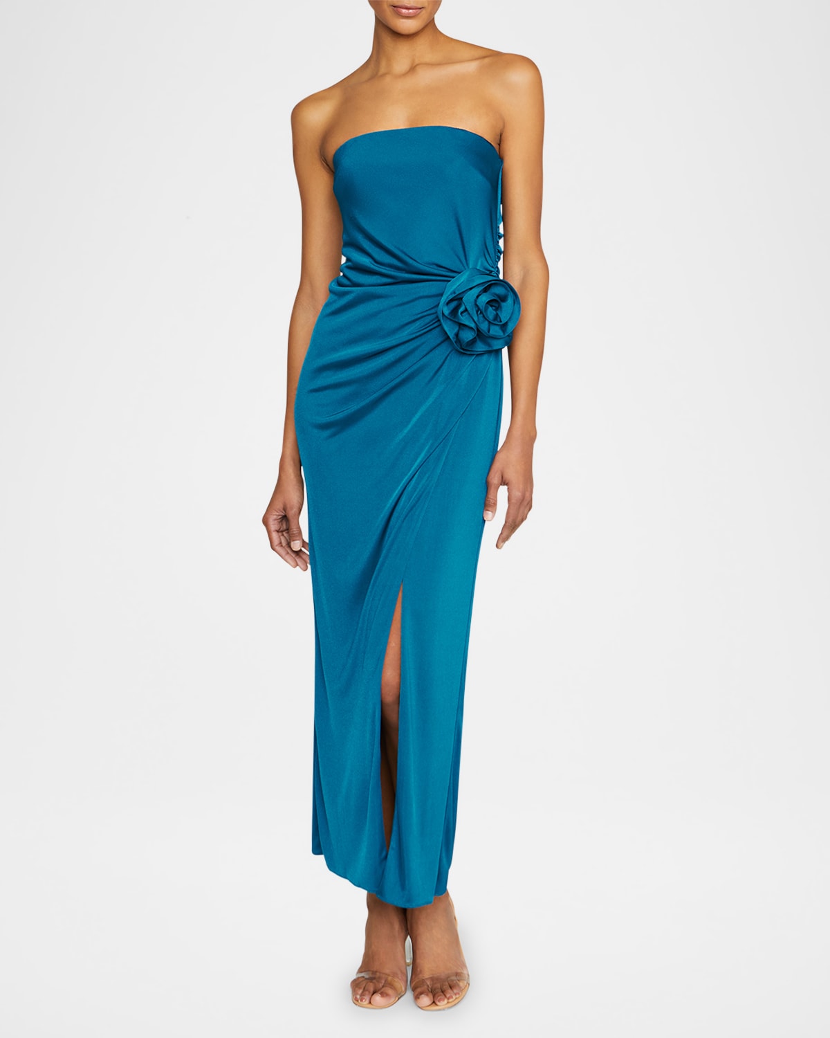 Corinne Strapless Side-Slit Rosette Midi Dress