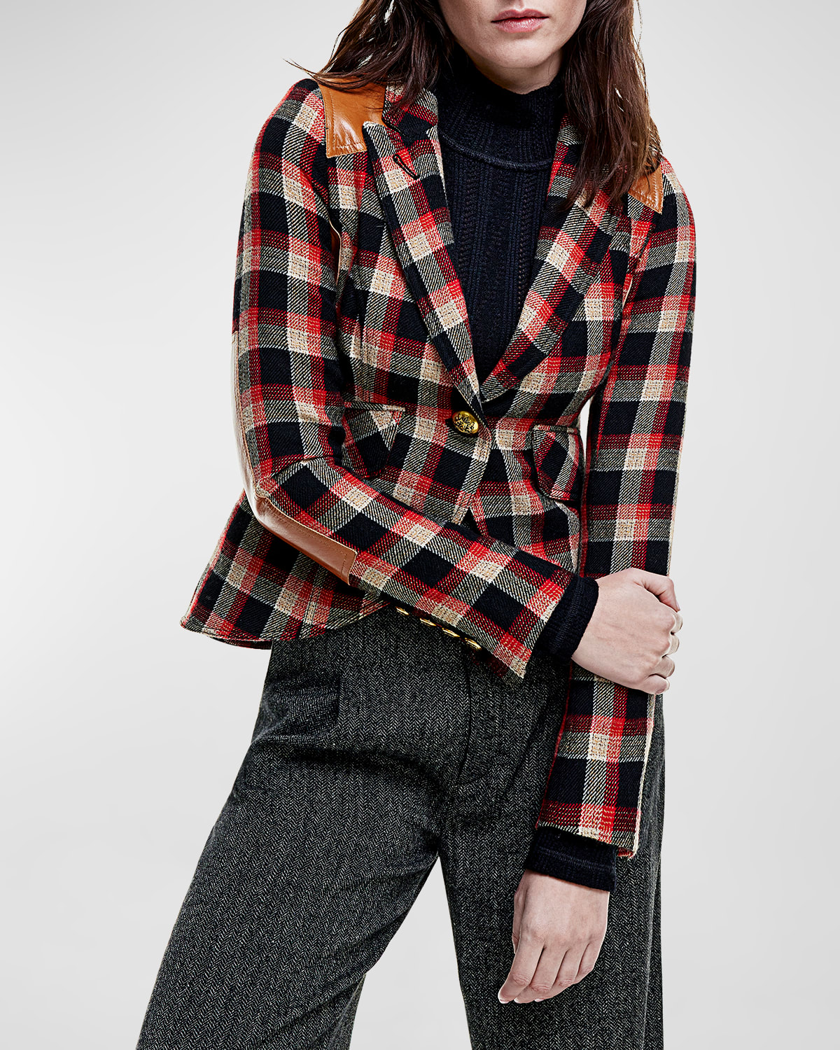 Plaid Check Single-Breasted Wool Blazer