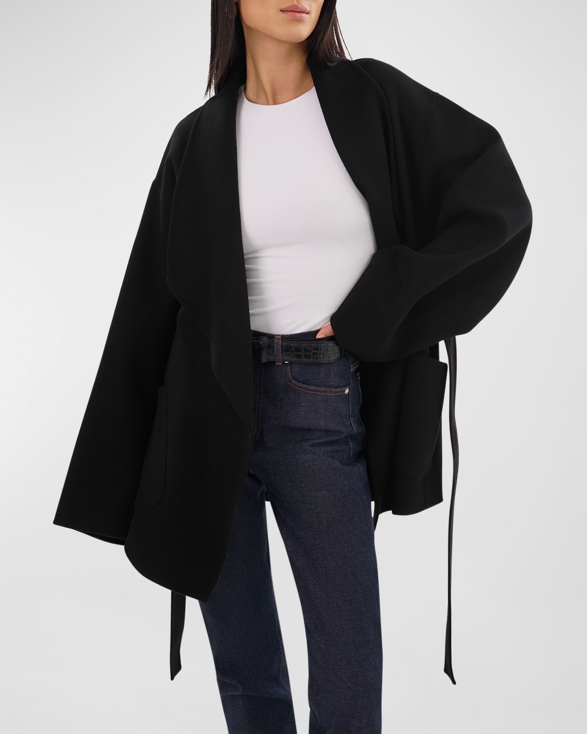 Lamarque Mekia Belted Double-face Wool Oversized Wrap Coat In Black