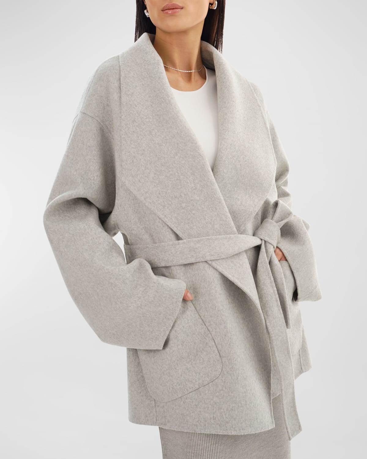 Lamarque Mekia Belted Double-face Wool Oversized Wrap Coat In Light Grey