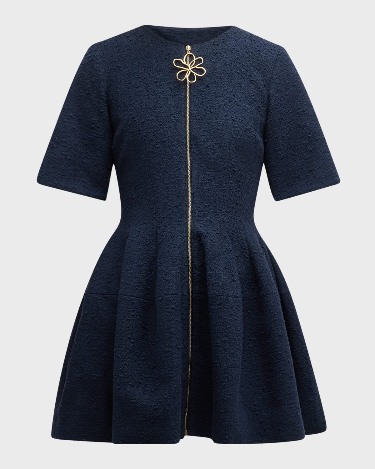 Oscar De La Renta Short Sleeve  Zip Front Cotton Wool Tweed Dress In Navy
