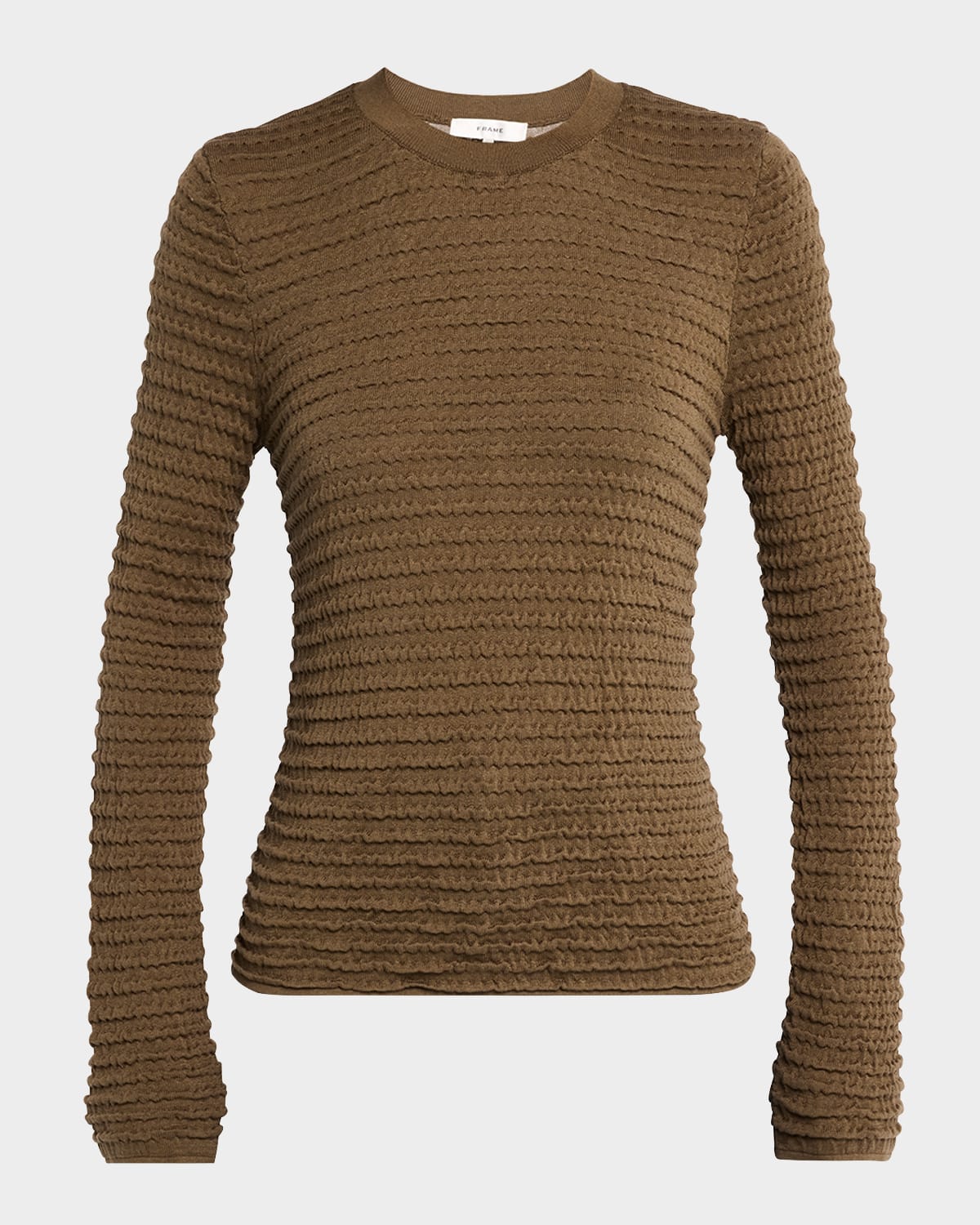 Frame Smocked Long-sleeve Crewneck Top In Sage