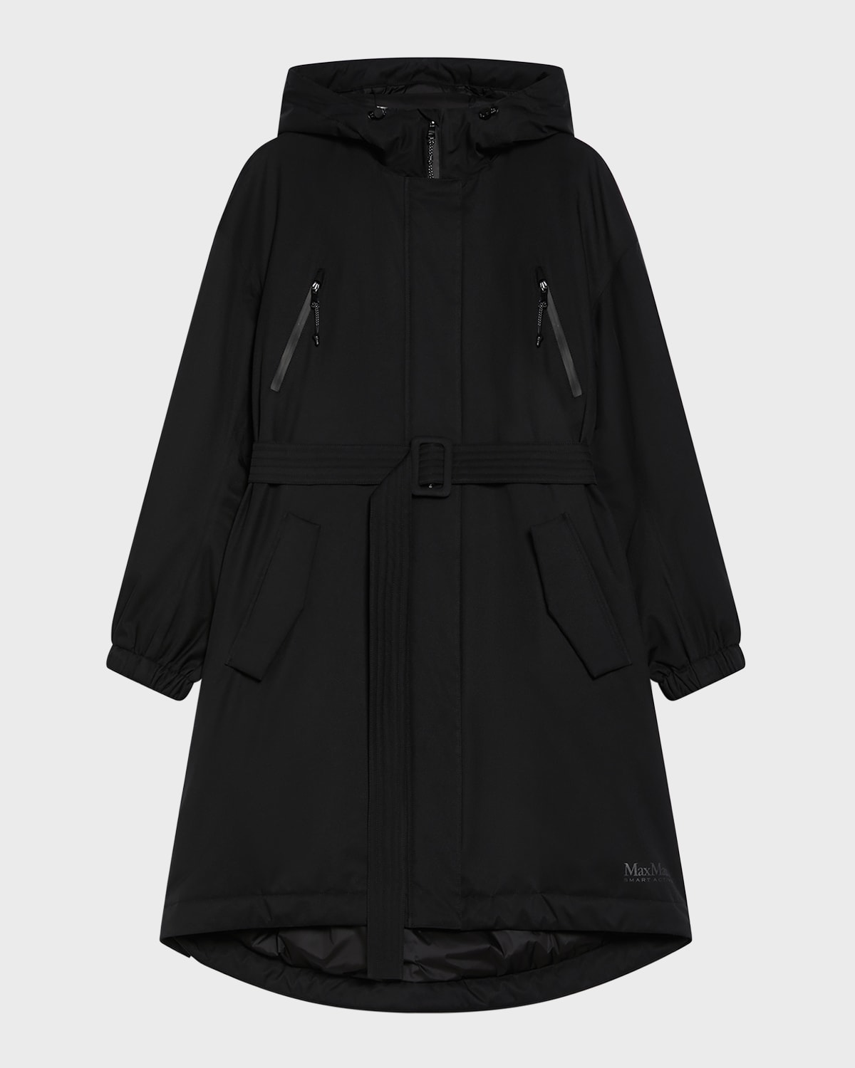Max Mara Natalin Belted High-low Hooded Parka In Black
