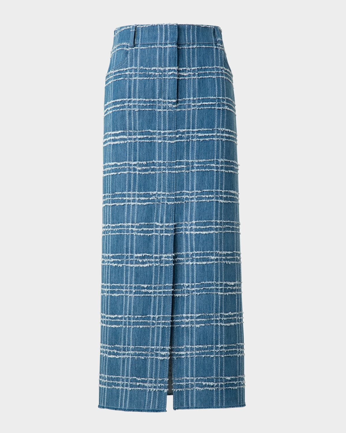 Fringed Check Denim Midi Skirt