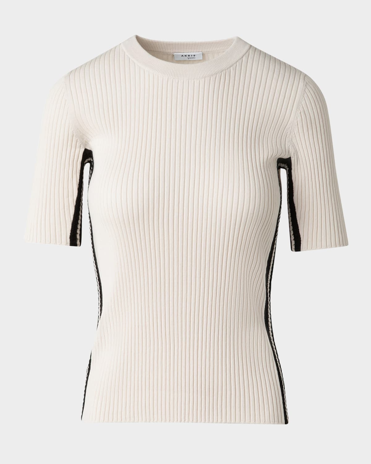 Crochet Stripe Rib Knit Short Sleeve Sweater