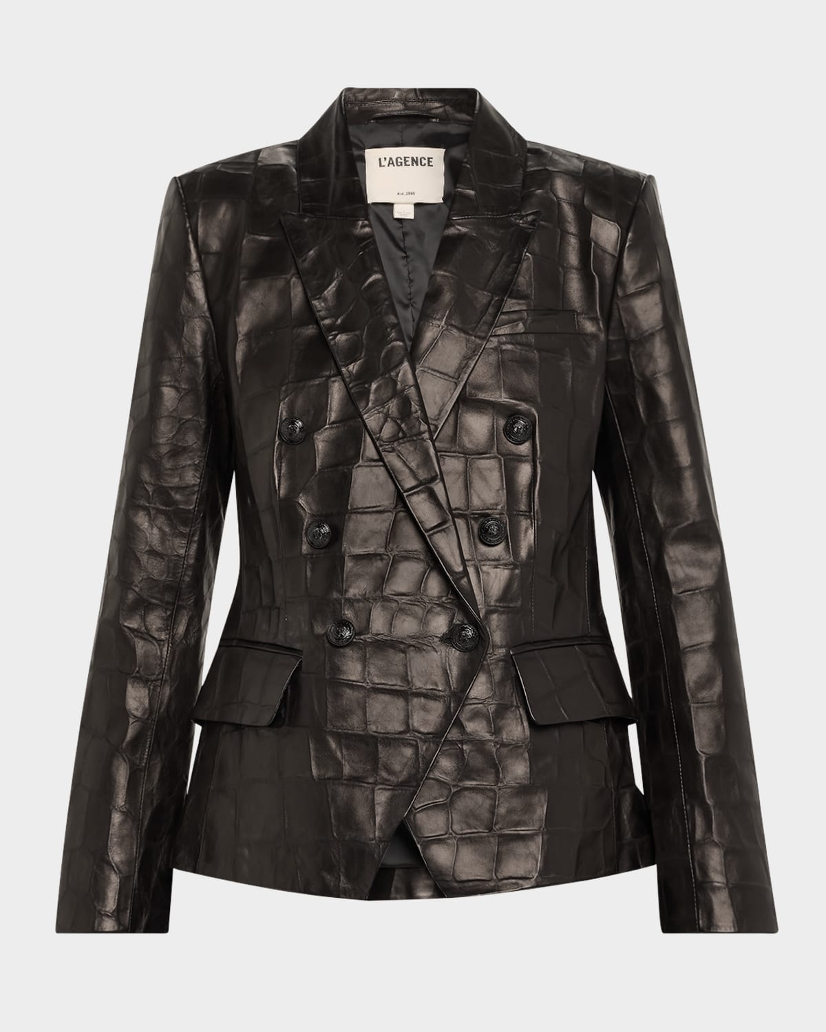 Shop L Agence Kenzie Croc-embossed Faux Leather Double-breasted Blazer In Black