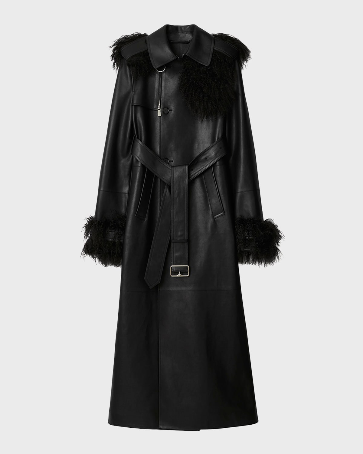 Shop Burberry Mongolian Lamb Shearling And Leather Long Trench Coat In Black