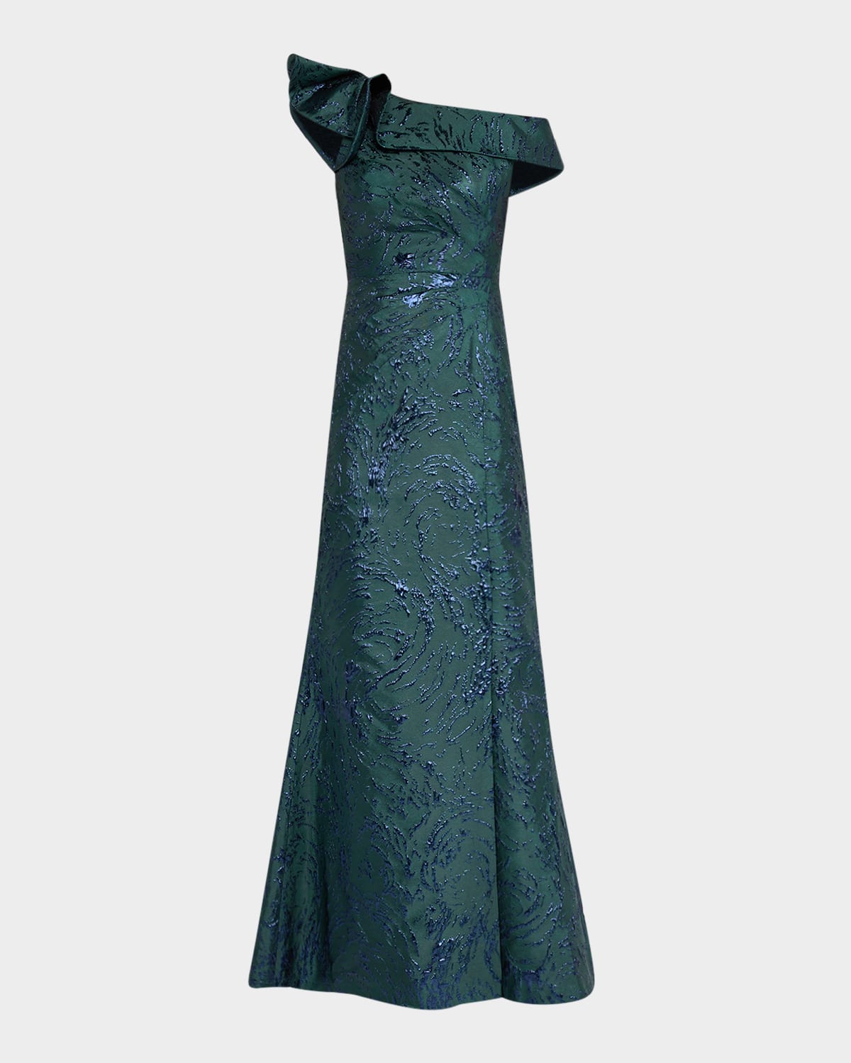Rickie Freeman For Teri Jon One-shoulder Ruffle Jacquard Gown In Green Navy