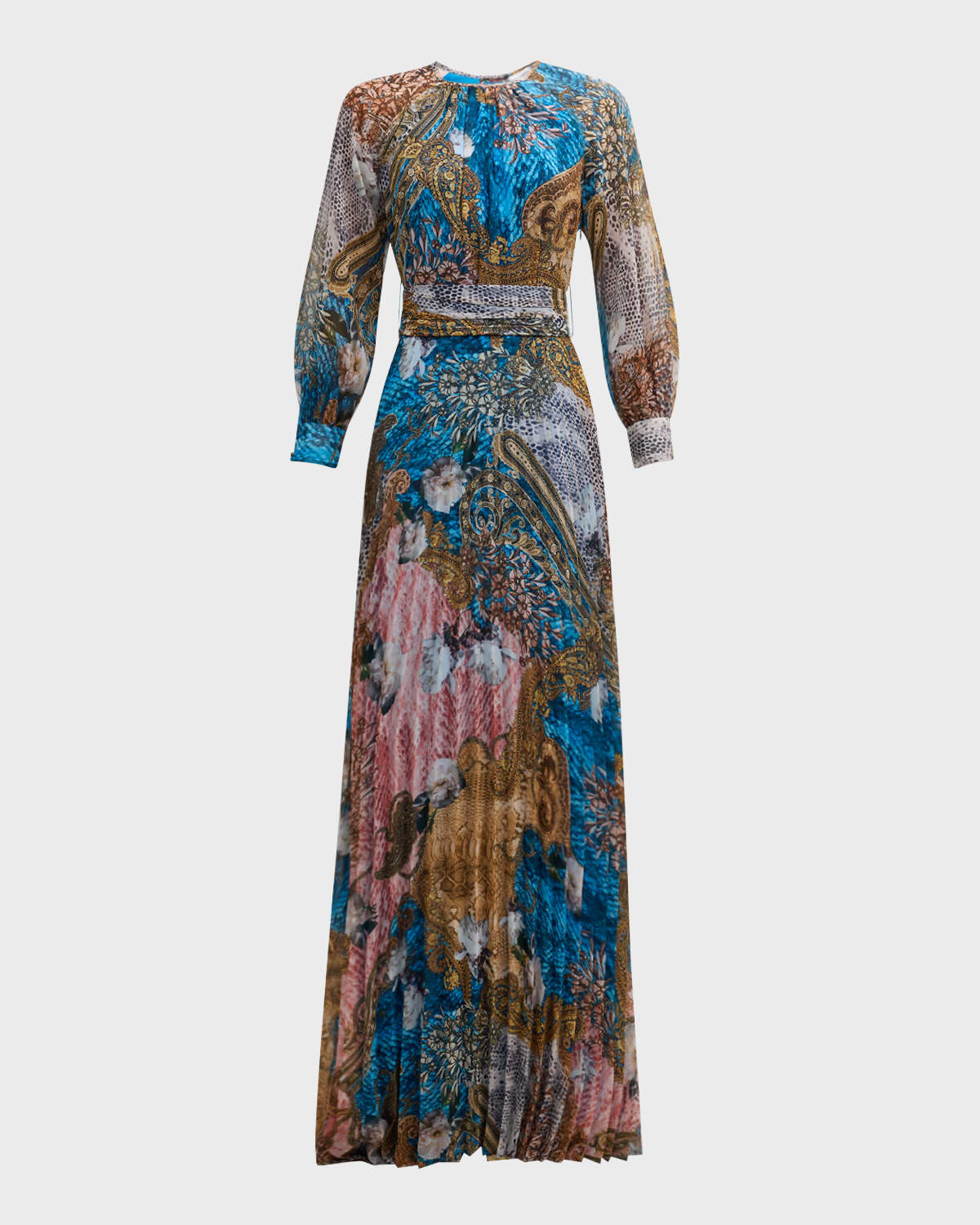 Rickie Freeman For Teri Jon Pleated Floral & Snakeskin-print Chiffon Gown In Blue Multi
