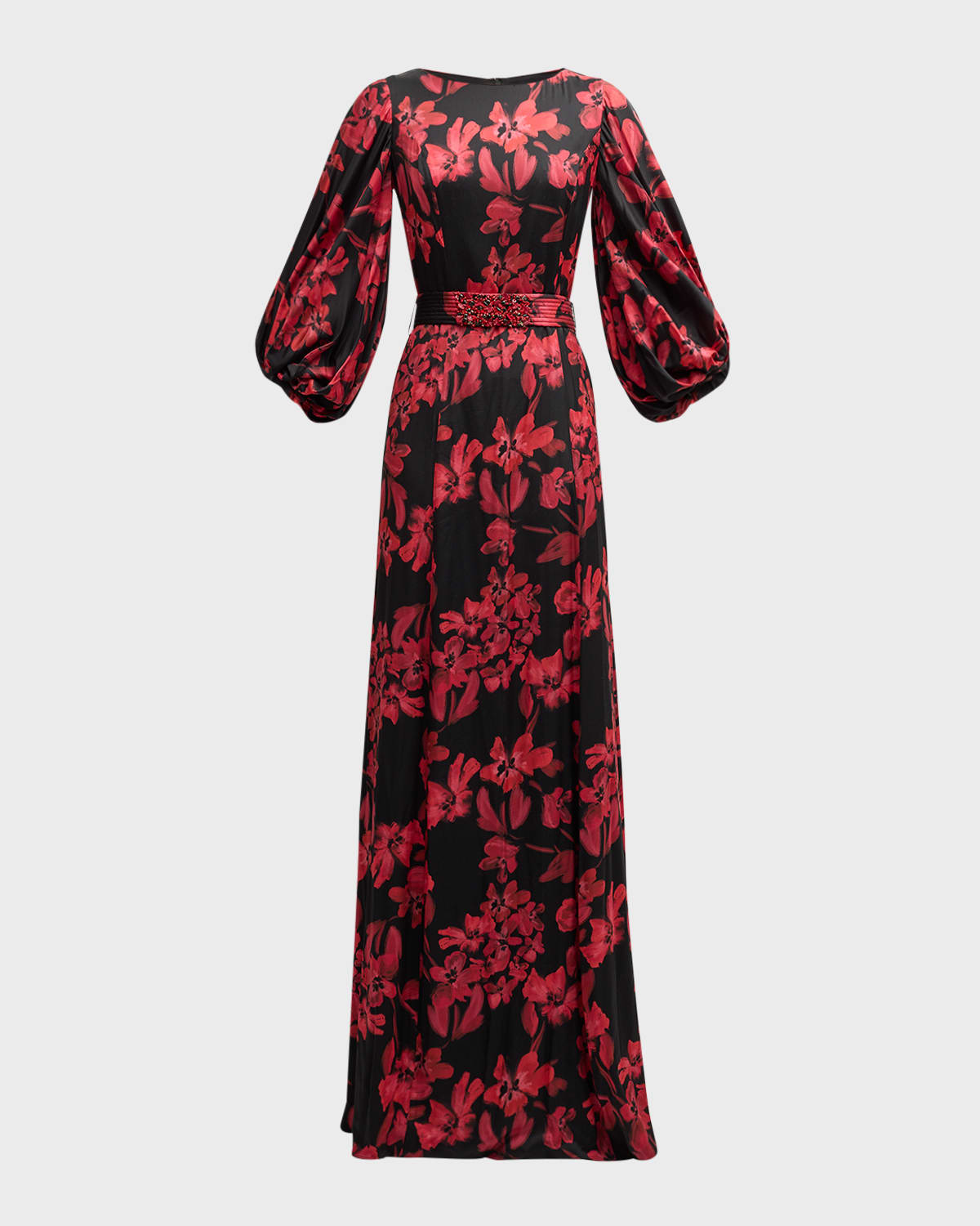 Rickie Freeman For Teri Jon Belted Floral-print Twill Gown In Black Red