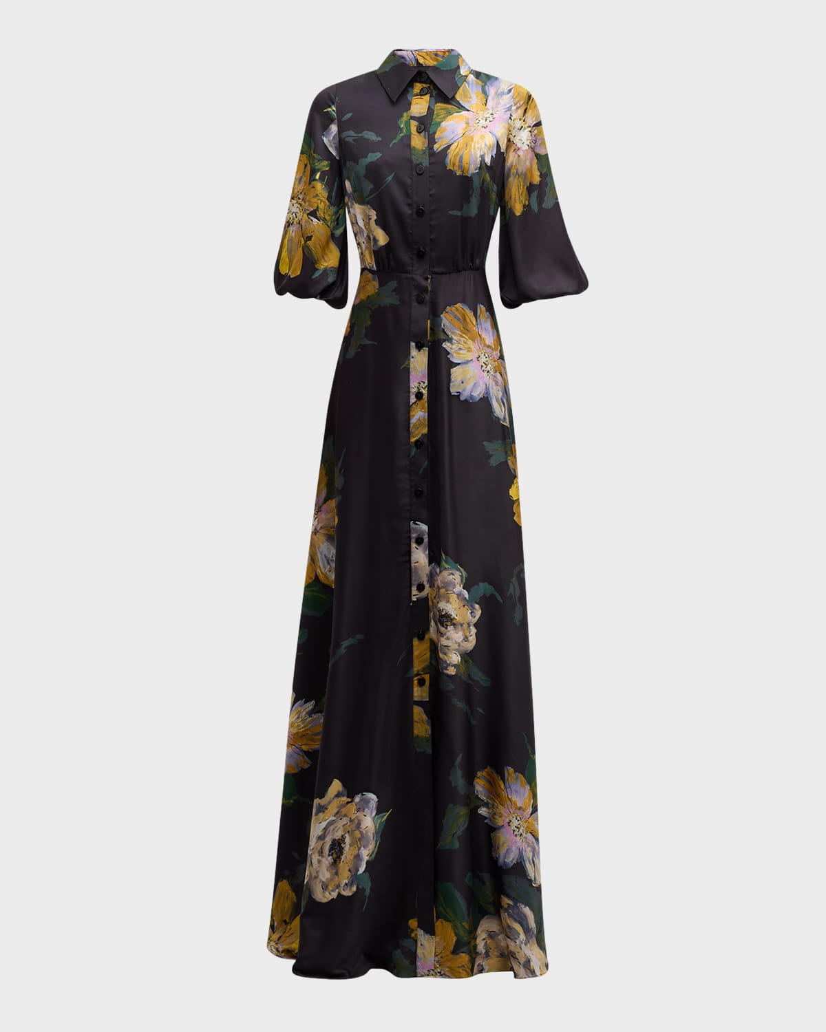 Rickie Freeman For Teri Jon Floral-print Chiffon Shirt Gown In Black Mult