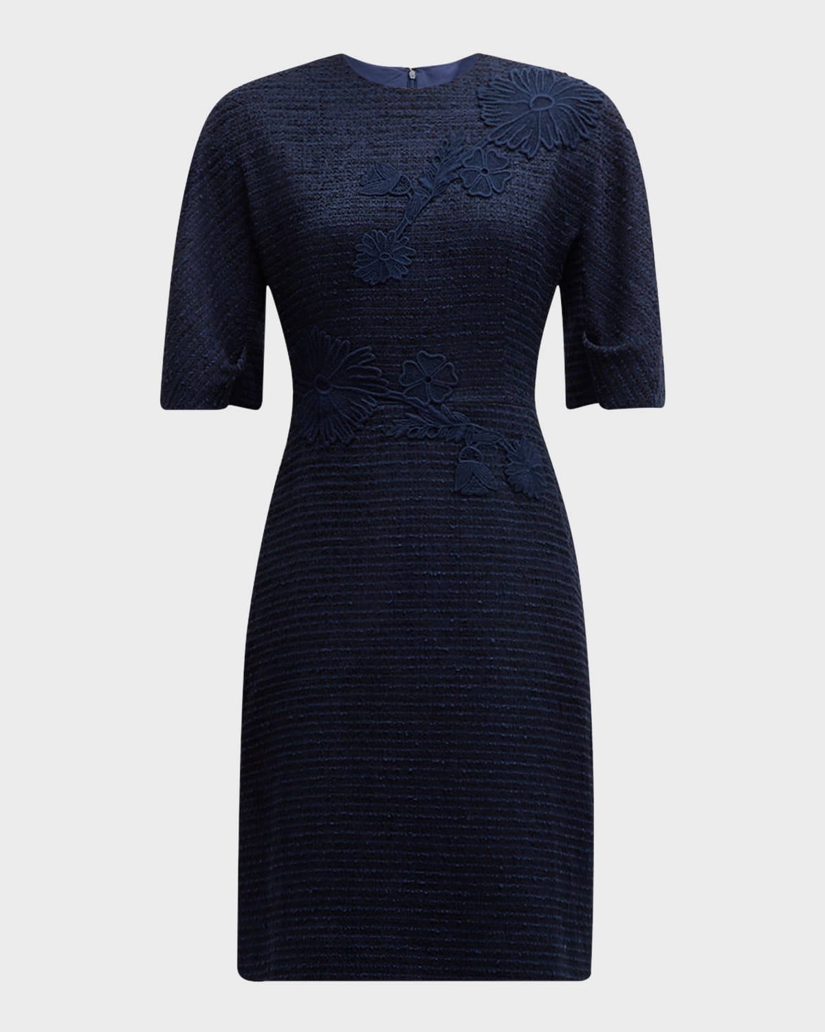 Rickie Freeman For Teri Jon A-line Floral Applique Boucle Dress In Navy