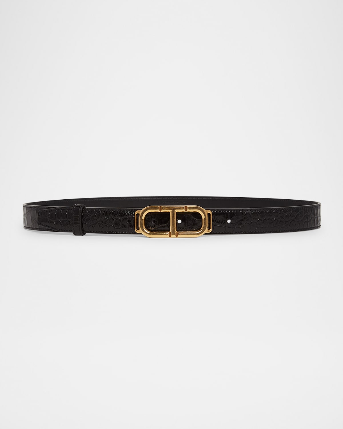Glossy Croc-Stamped Leather Skinny Belt