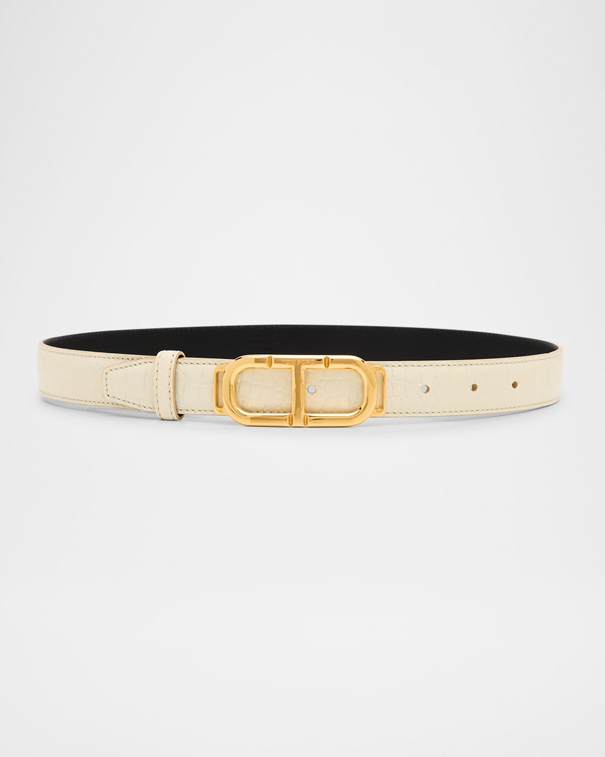 Tom Ford Glossy Croc-stamped Leather Skinny Belt In Ivory