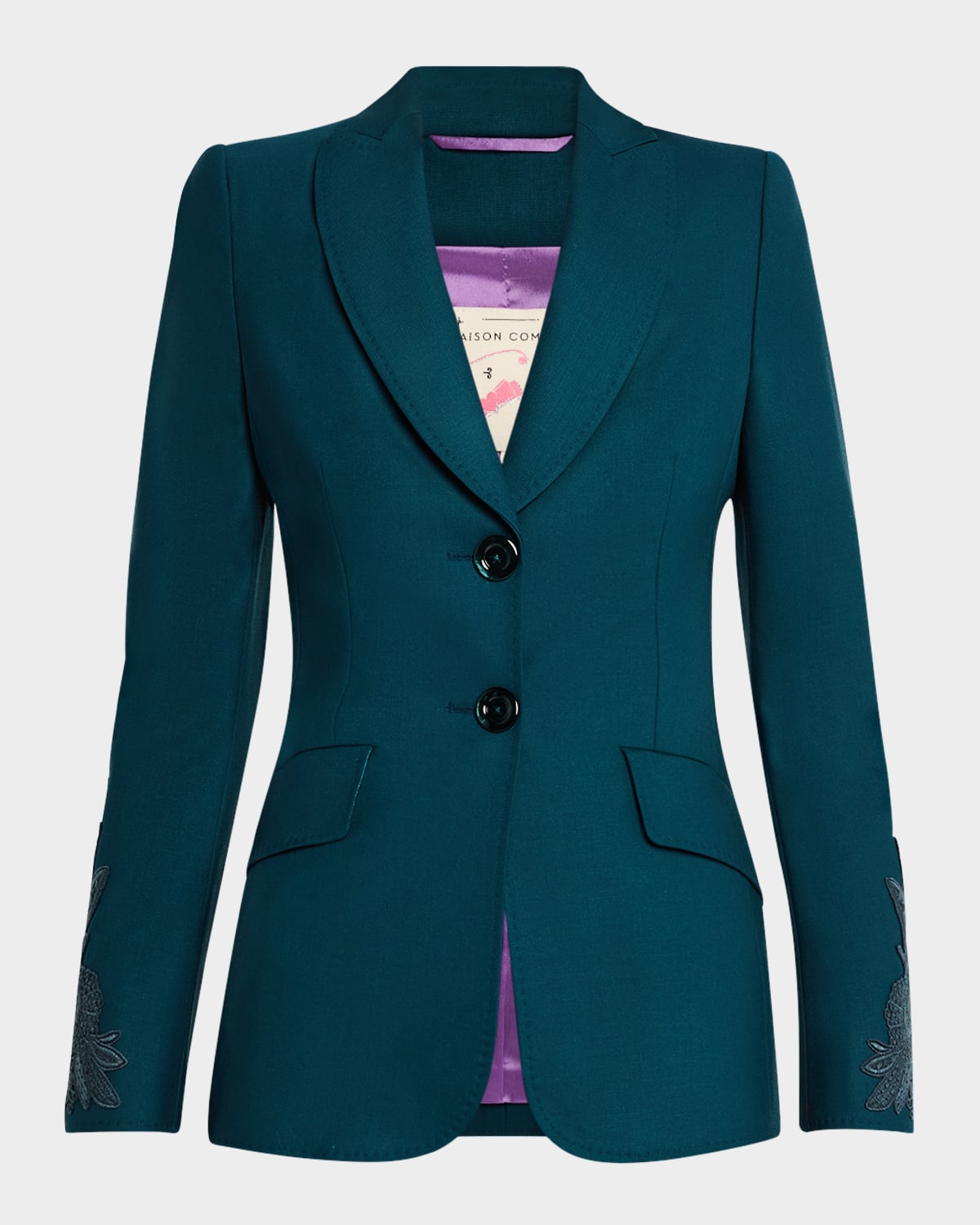 Embroidered Sleeve Single-Breasted Wool-Blend Blazer