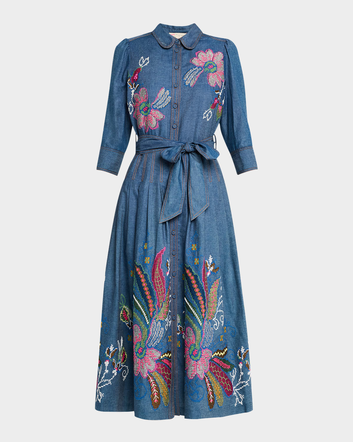 Floral Emboridered Chambray Wide-Leg Cropped Pants