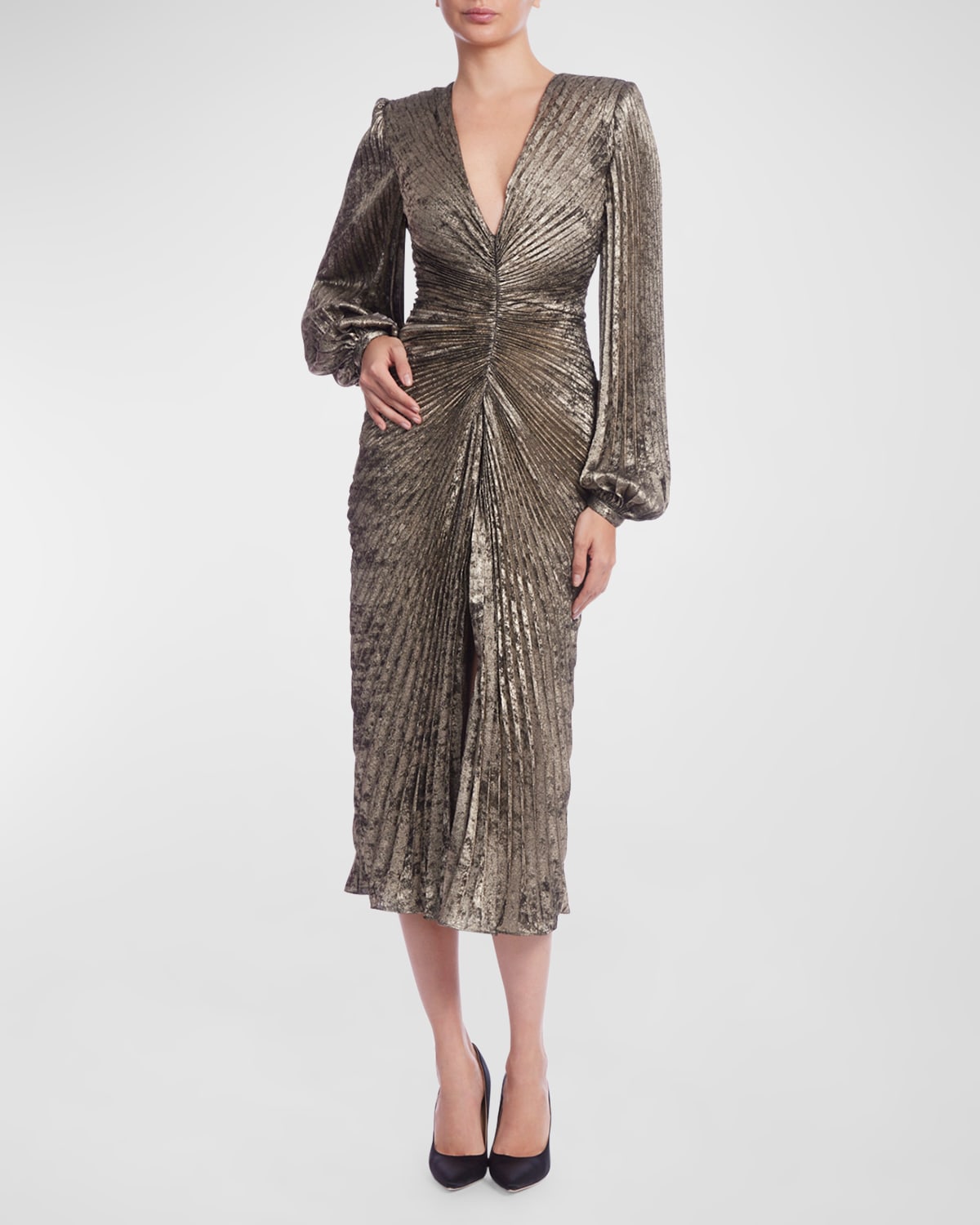 Pleated Metallic Blouson-Sleeve Midi Dress