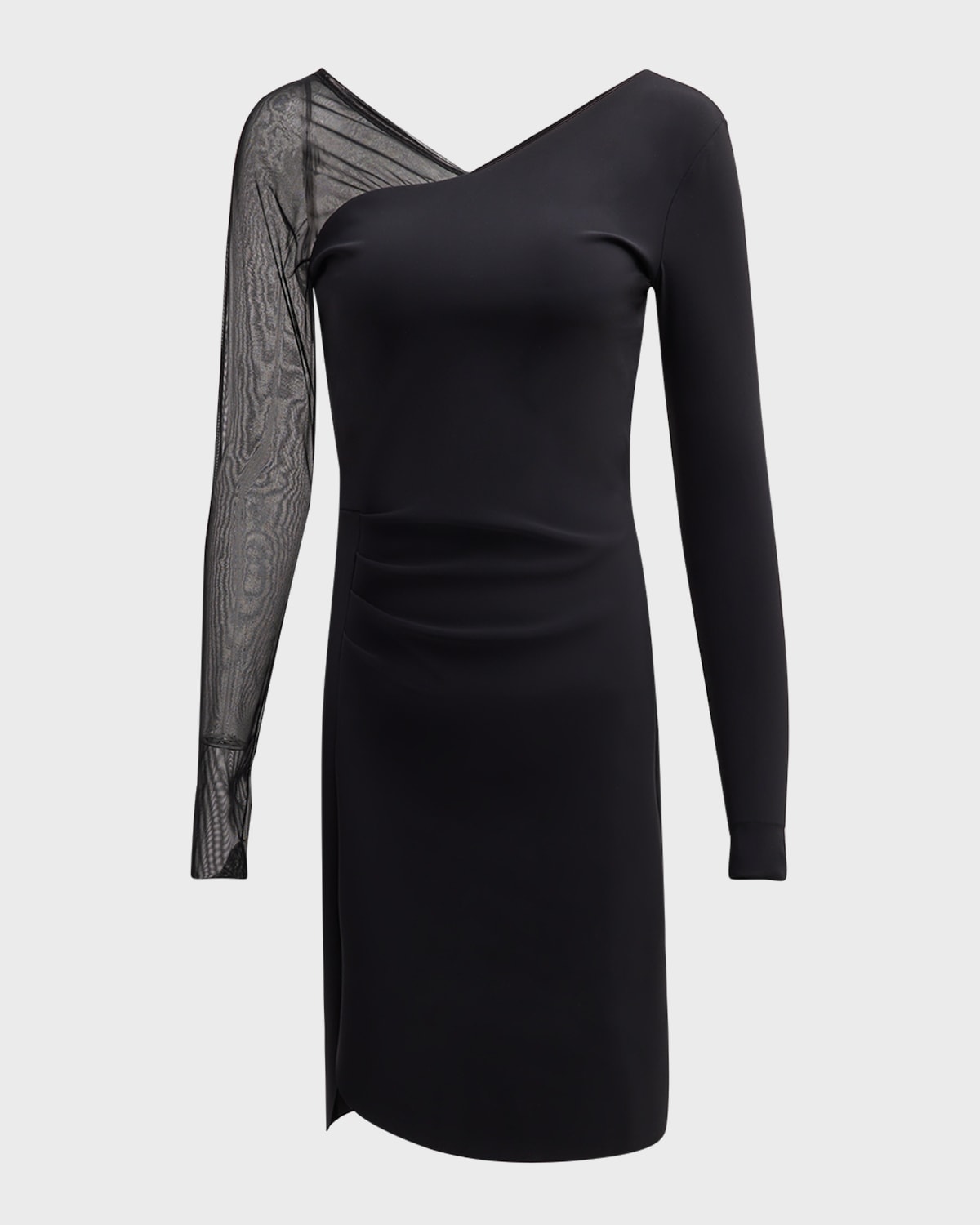 Pleated Sheer-Sleeve Bodycon Mini Dress