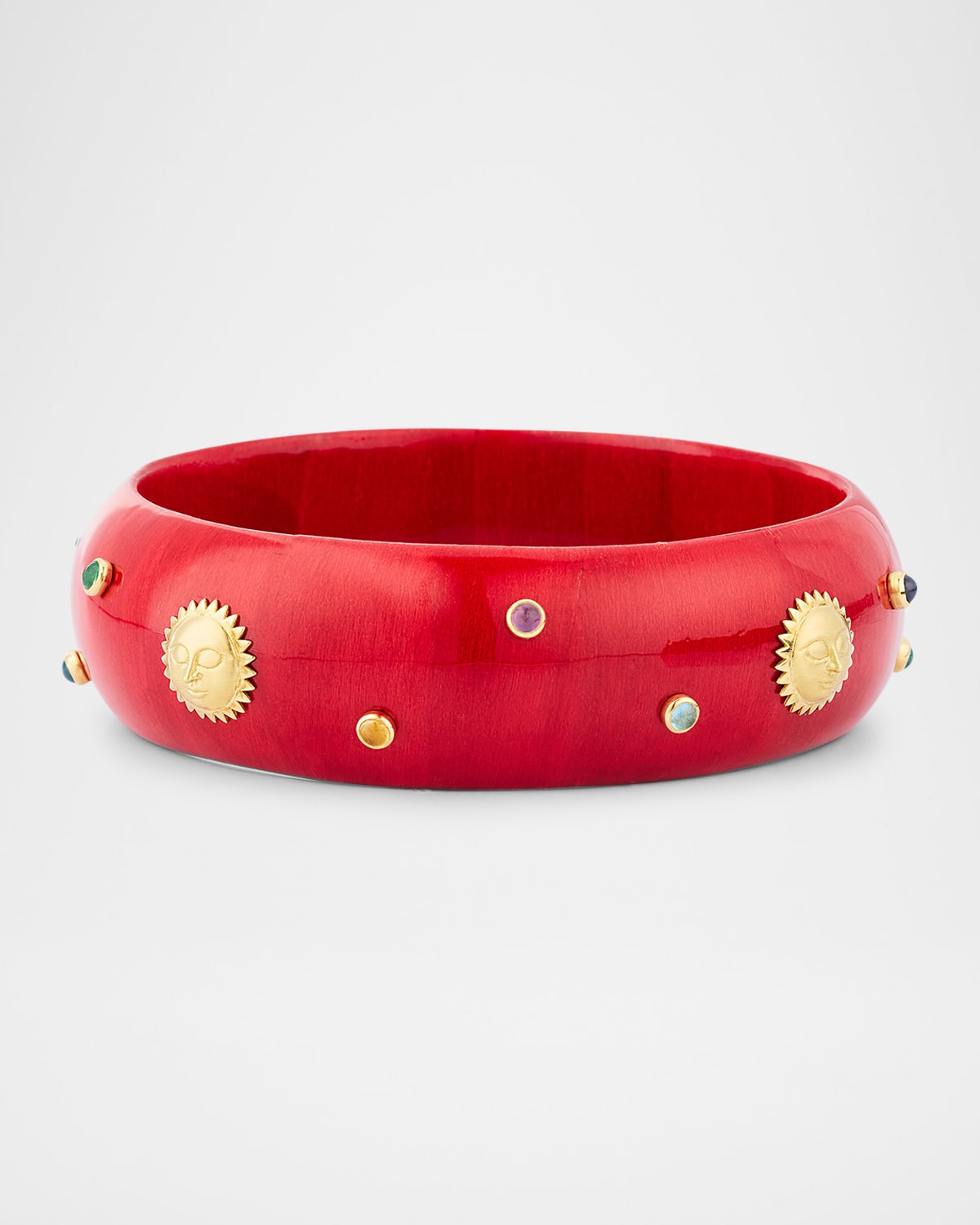 Red Lacquer Marquetry Bangle Bracelet with Multicolor Gemstones