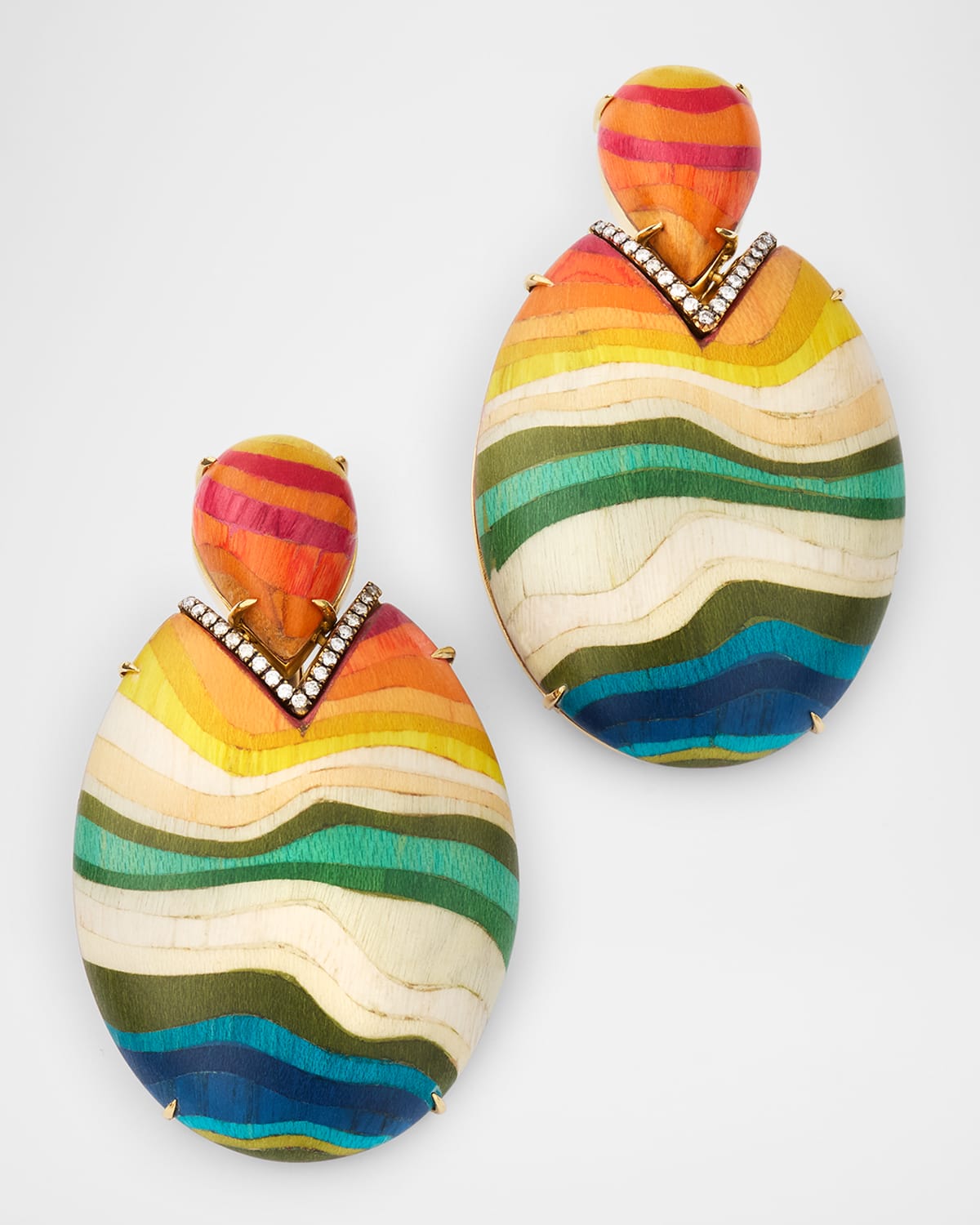 Rainbow Printed Marquetry Drop Earrings with Diamonds