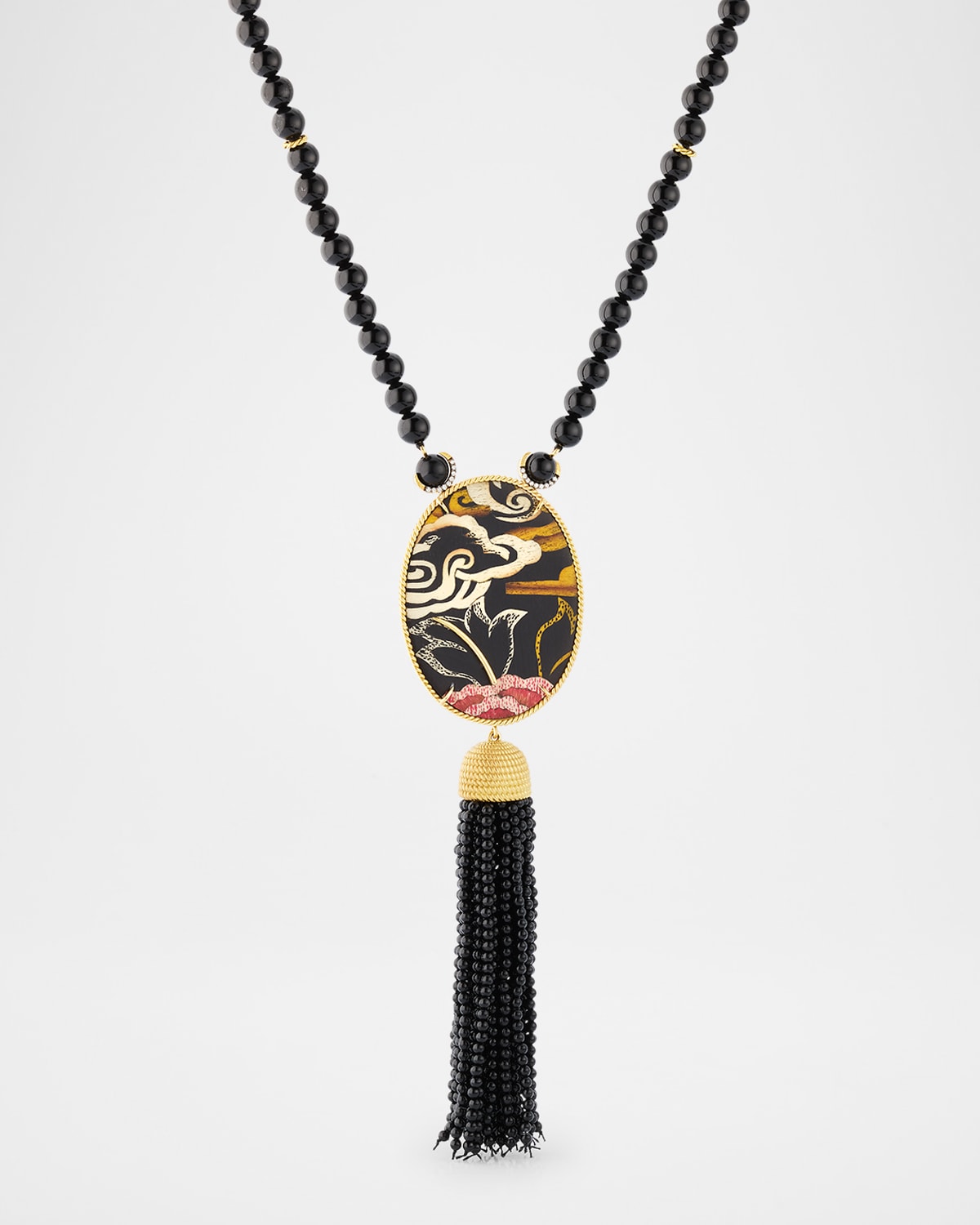 Tibetan Rose Oval Marquetry Lariat Necklace with Diamonds and Onyx