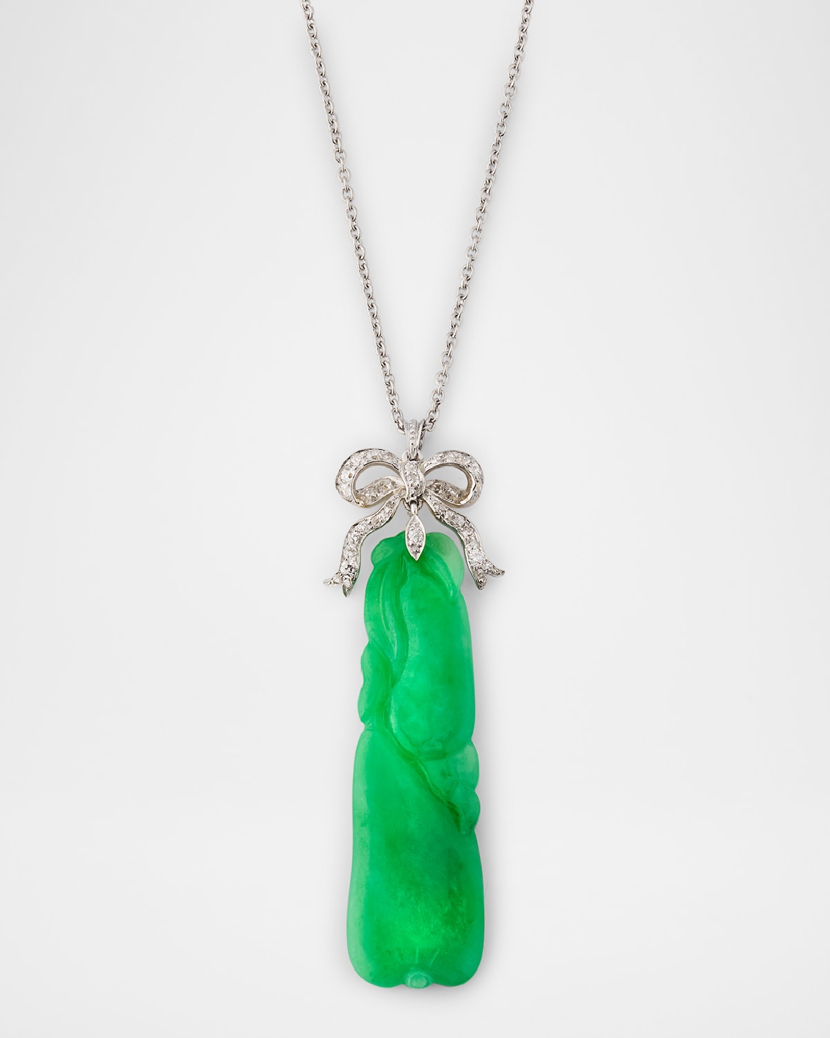 Estate Platinum and 18K Gold Carved Jadeite Pendant Necklace with Diamonds