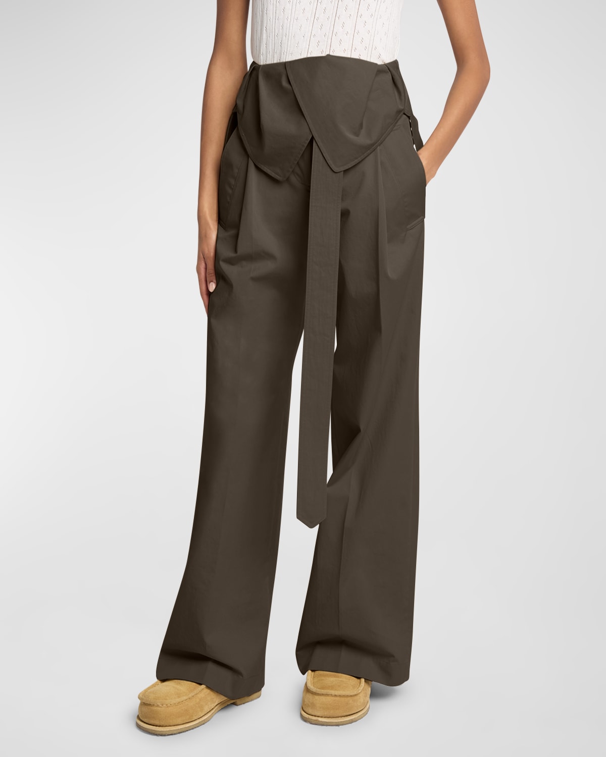 Foldover Trench Pleated Wide-Leg Trousers