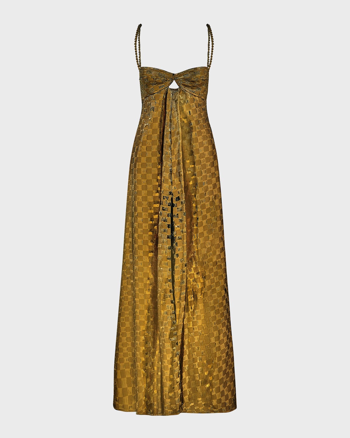 Johanna Ortiz Admirable Masterpiece Metallic Checker Maxi Dress In Bronce