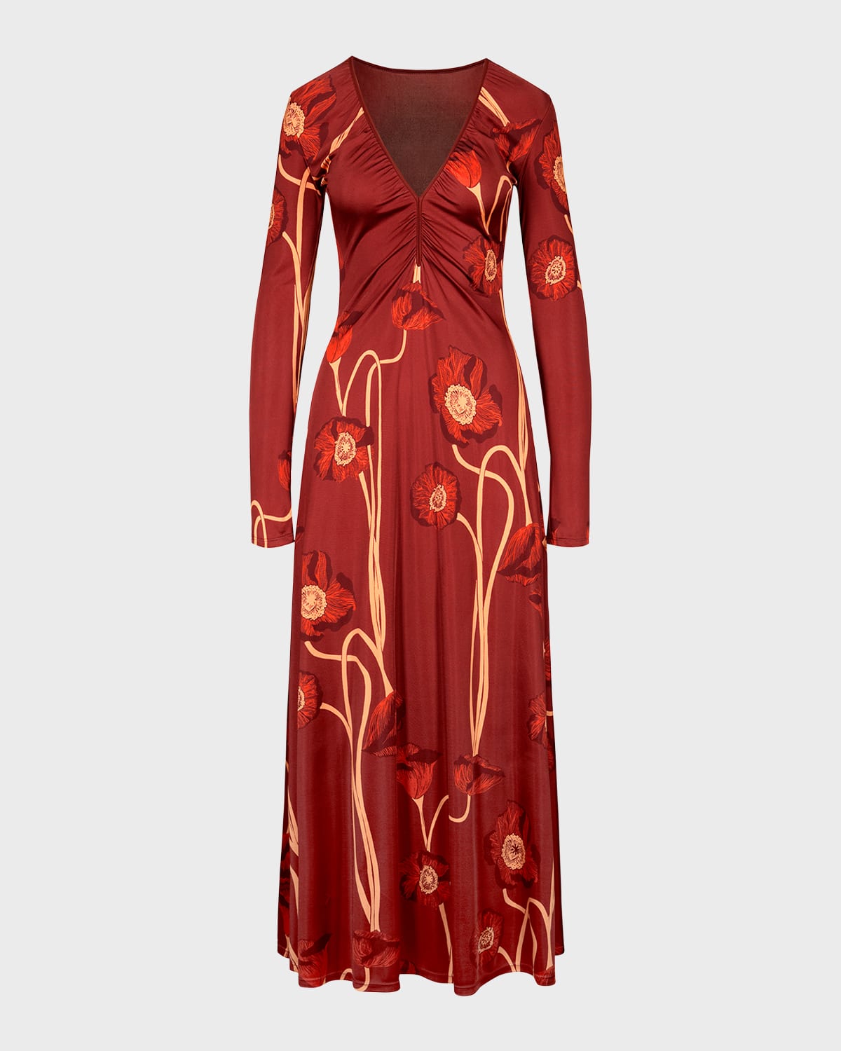 Shop Johanna Ortiz Nectar De Amapolla Poppy-print Long-sleeve Ankle Dress In Papaver Somniferum - Red-yellow-brown