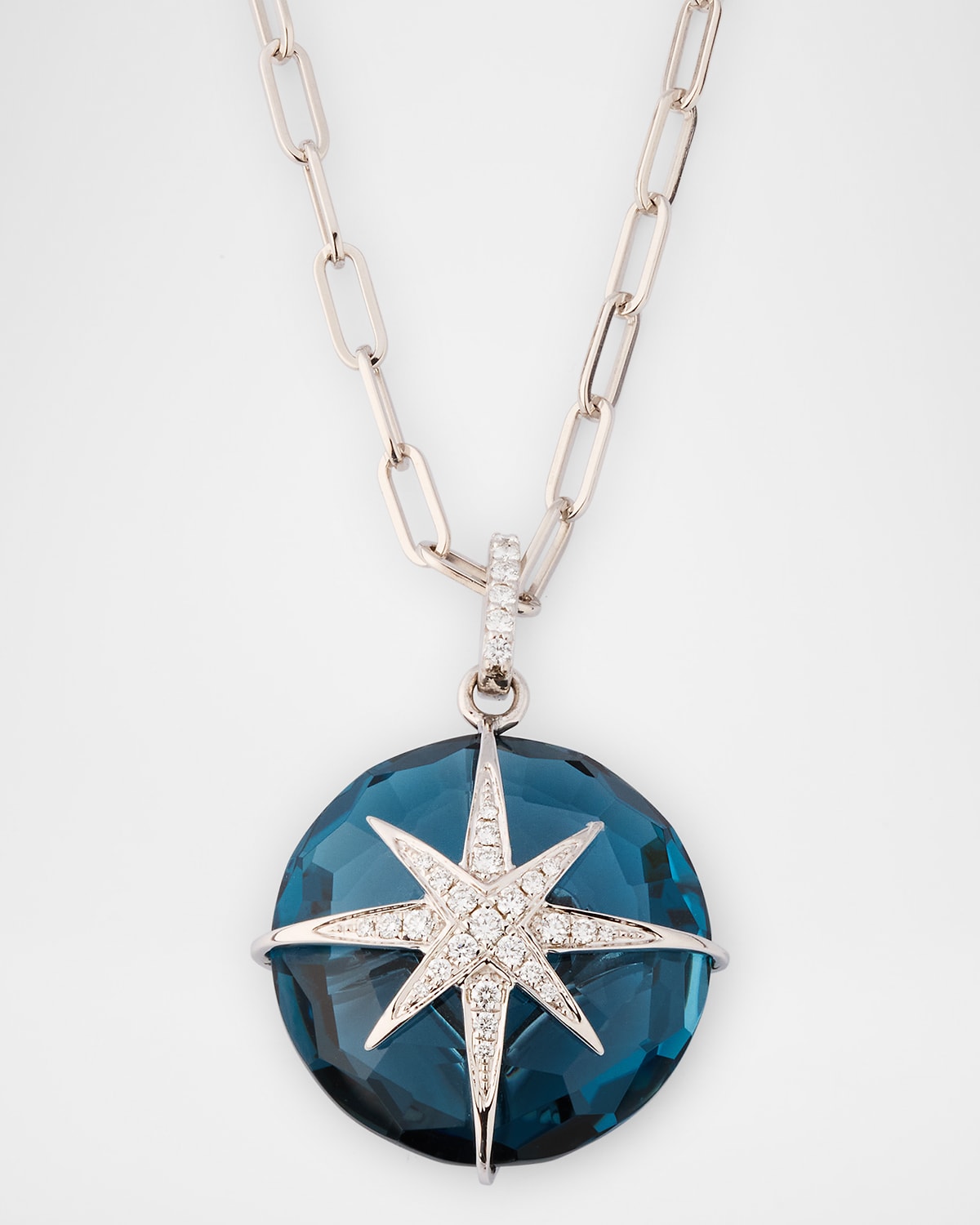 Rocks 18K White Gold London Blue Topaz and North Star Diamond Paper Clip Pendant Necklace