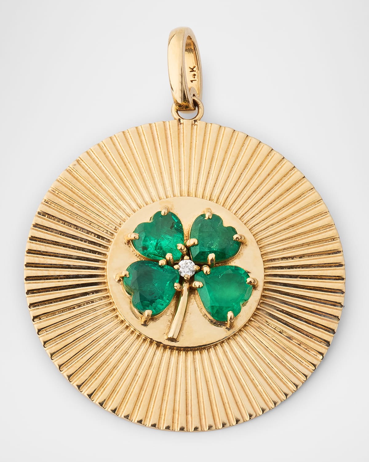 14K Yellow Gold Round Emerald and Diamond Clover Charm